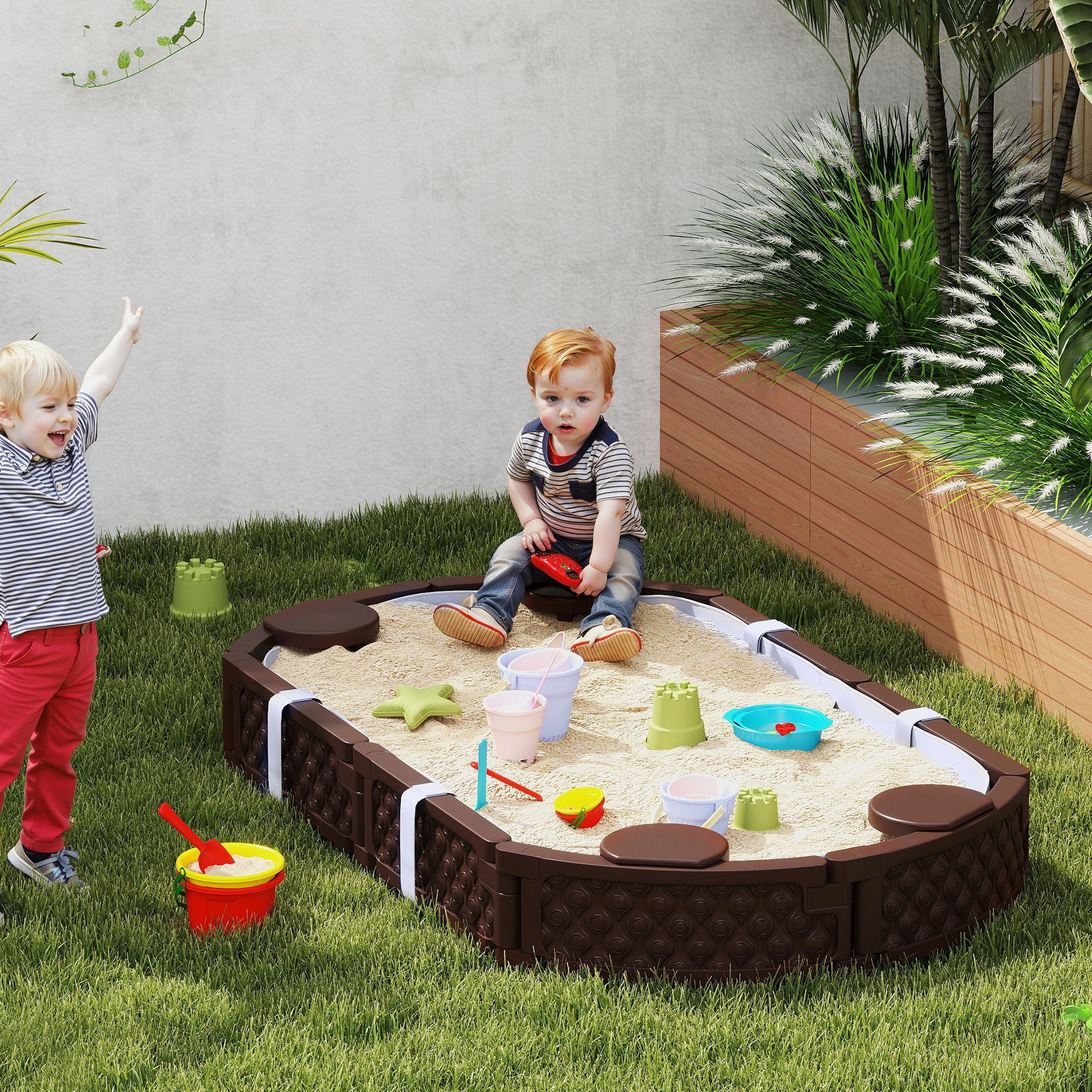 Kids Sandbox with Cover, 4 Corner Seats, Bottom Liner for Backyard, Garden, Outdoor, 71" x 42" W x 9", Dark Brown