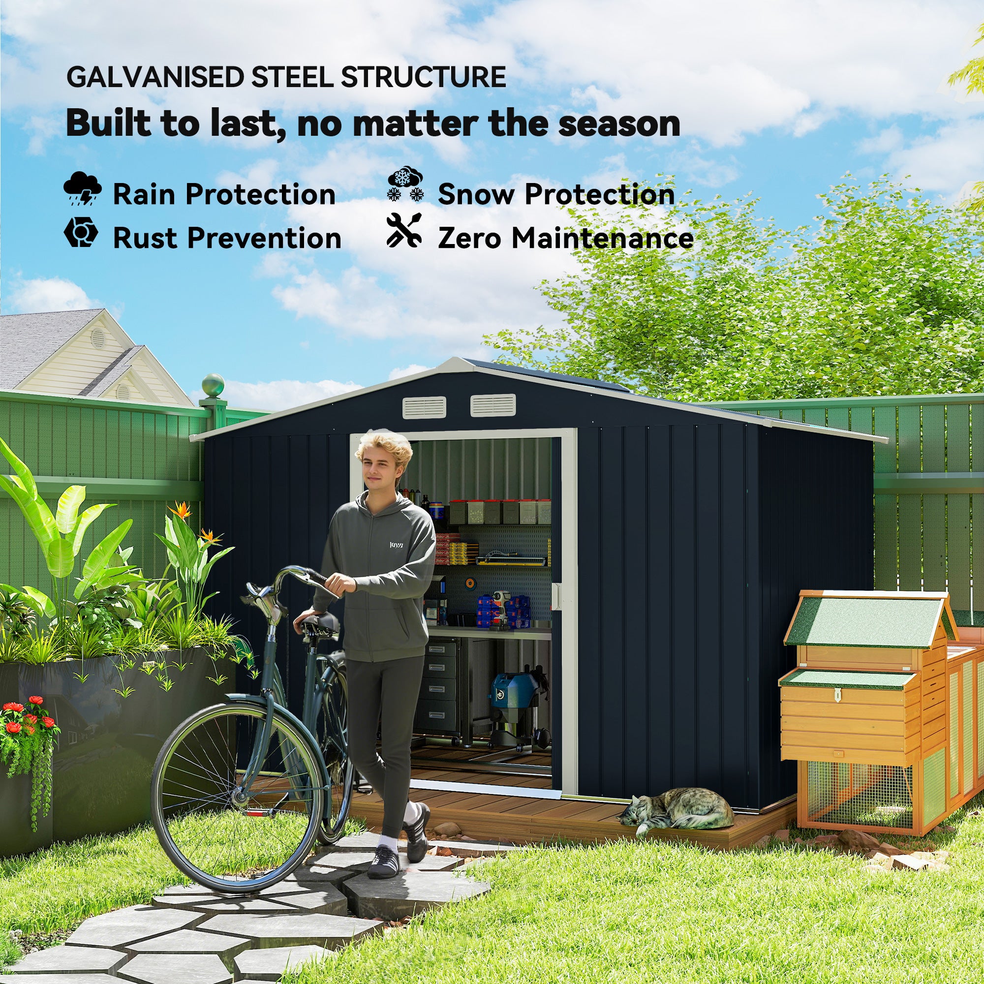 9' x 6' Outdoor Storage Shed, Garden Tool Metal Shed with Foundation Kit, Dark Gray - Dark Gray - Image 4