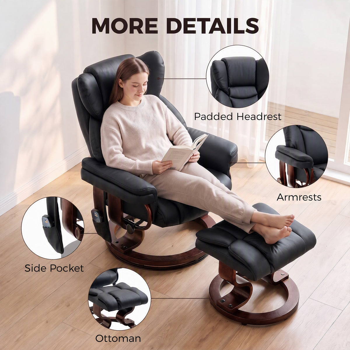 Massage Recliner Chair with Footrest, Swivel Armchair, Wrapped Wood Base, 10 Massage Points, Faux Leather, Black