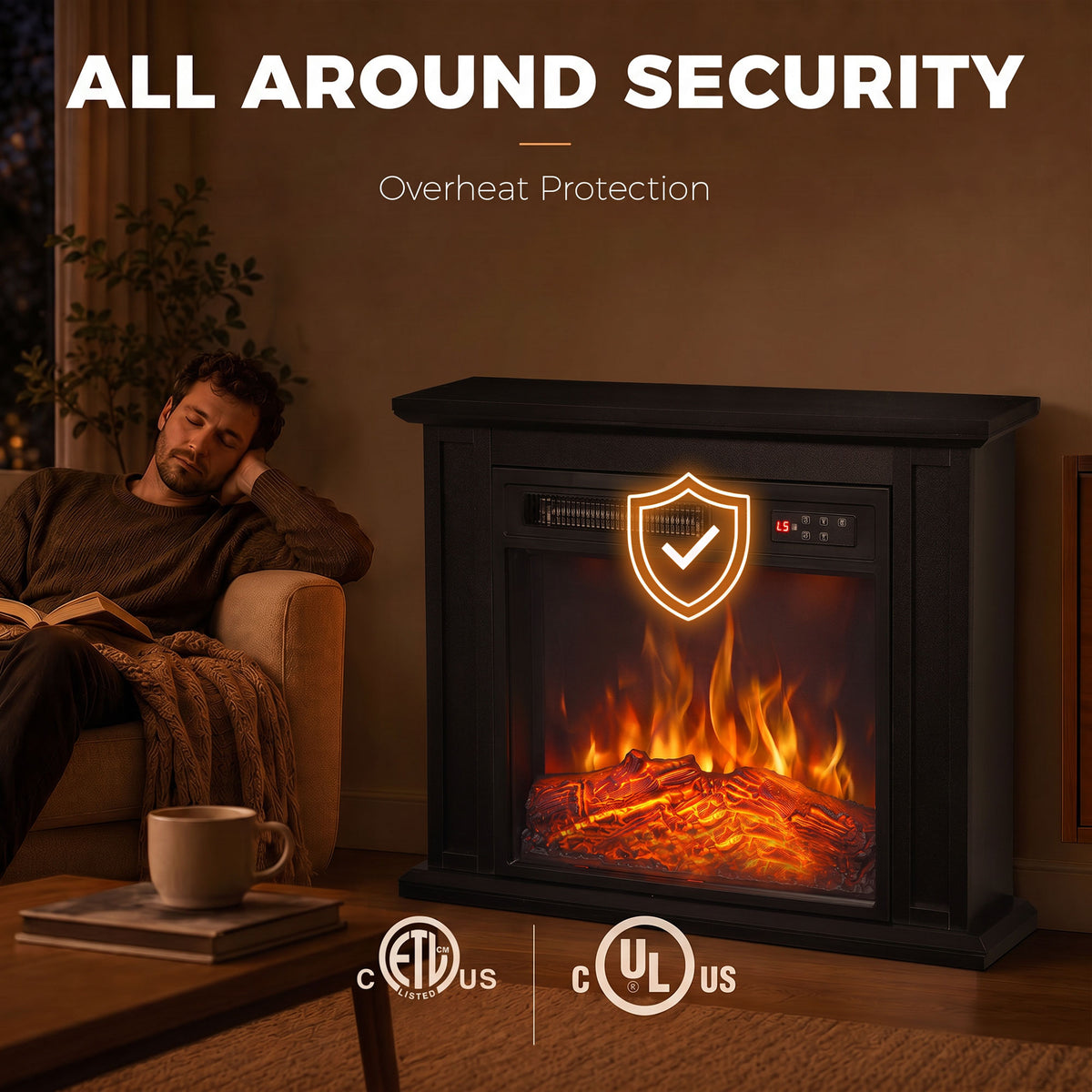 26" Electric Fireplace with Mantel, 1400W Freestanding Fireplace TV Stand with Adjustable Flame, Timer, Remote, Black