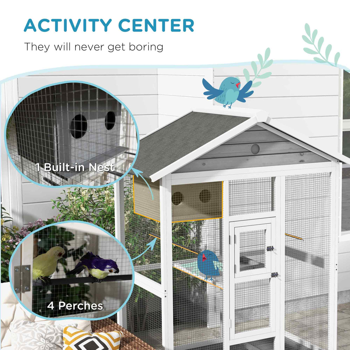 64.5" Wooden Bird Cage Aviary, Flight Cage with 4 Perches, Nest and Slide-Out Tray for Indoor/Outdoor, Gray - Gray - Image 6