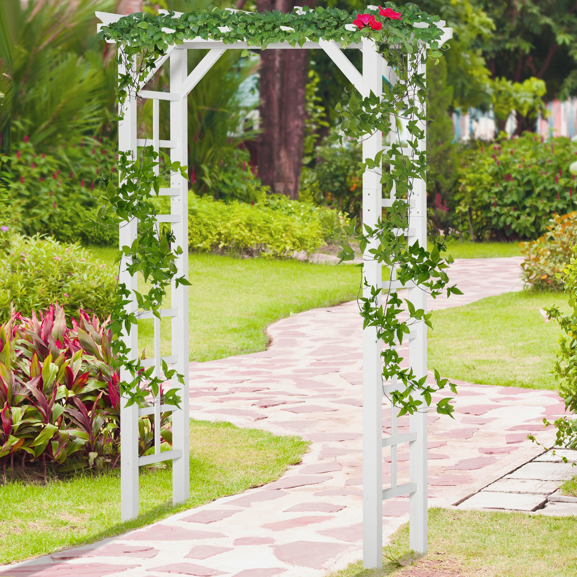 85" Wooden Garden Arbor for Wedding and Ceremony, Outdoor Garden Arch Trellis for Climbing Vines - White - White - Image 7