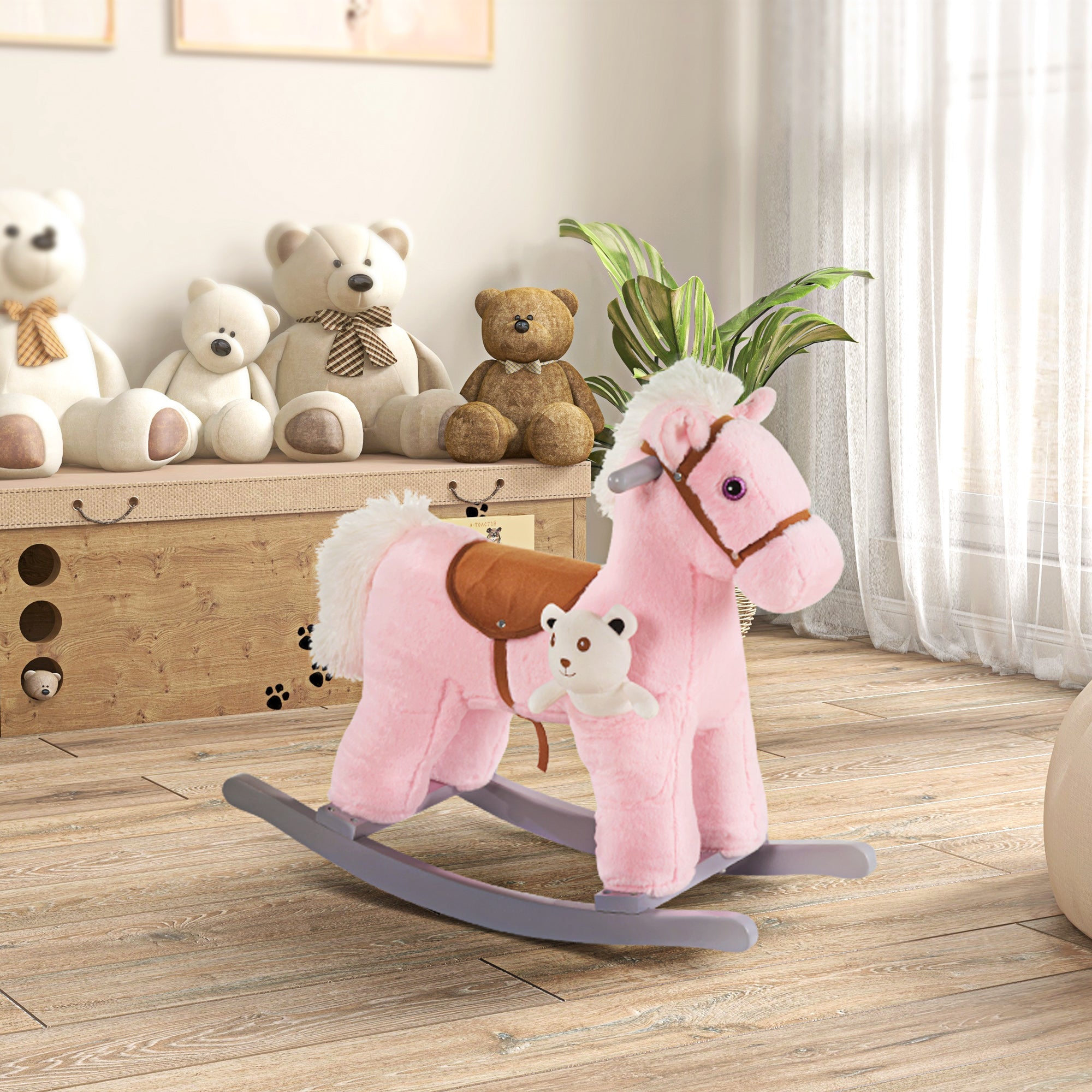 Kids Rocking Horse with Bear Toy, Plush Animal Rocker with Fun Realistic Sounds for Toddler 18-36 Months, Pink