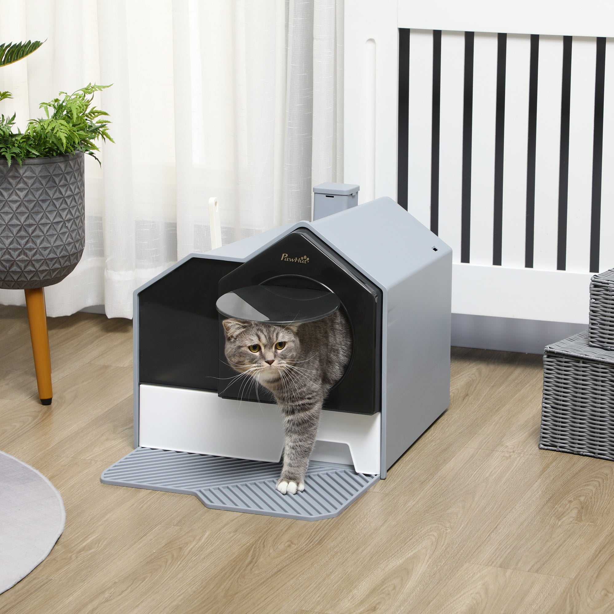 Hooded Cat Litter Box w/ Litter Mat, Litter Particle Catching, Gray - Gray - Image 2