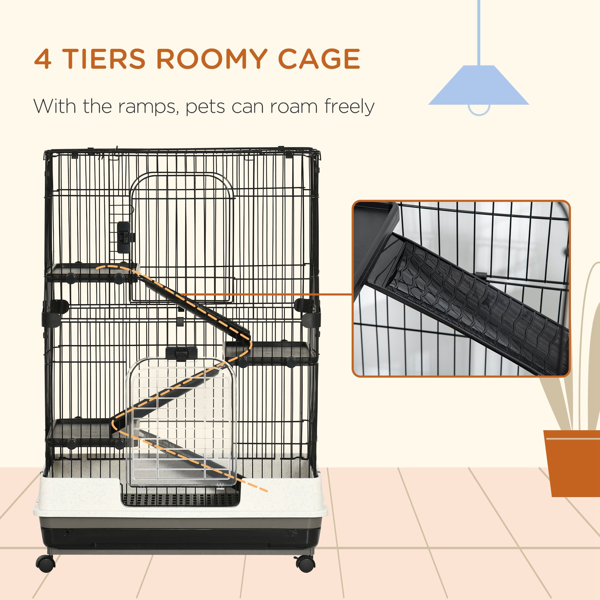 32"L 4-Level Small Animal Cage Rabbit Hutch with Universal Lockable Wheels, Slide-out Tray for Bunny, Chinchillas, Ferret, Black - Black - Image 4