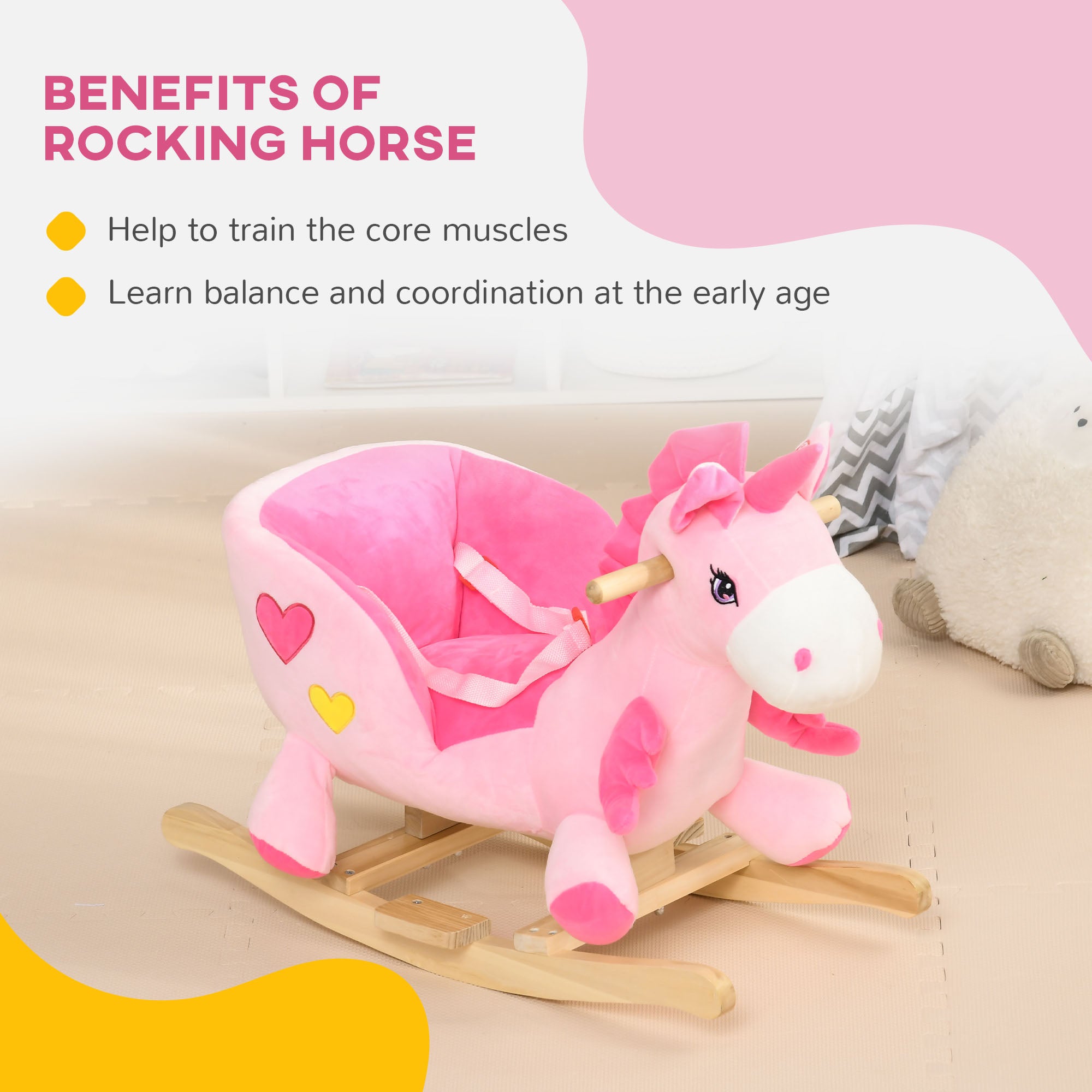 Baby Rocking Horse Ride On Unicorn with 32 Songs, Seatbelt, Pink