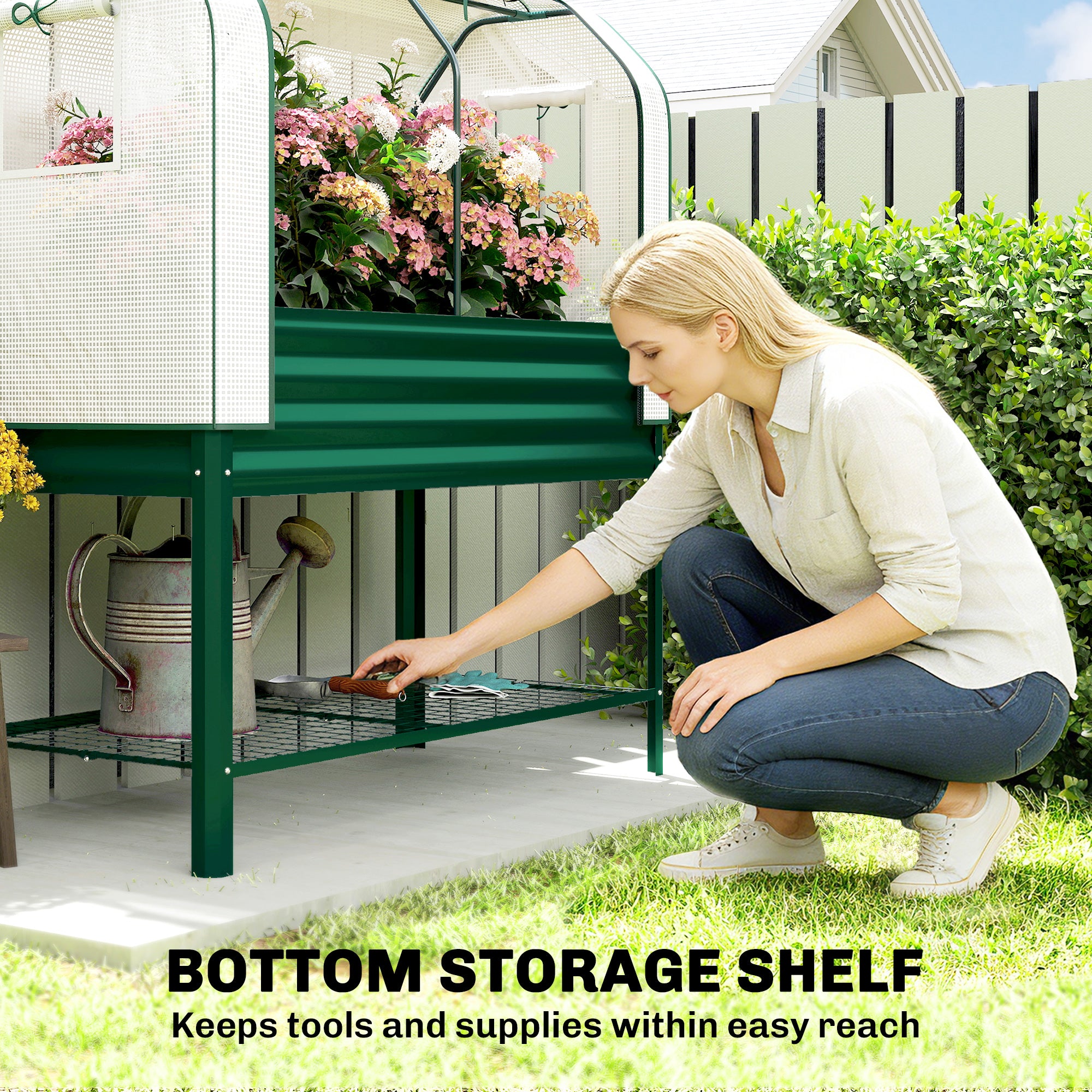 Galvanised Raised Garden Bed with Greenhouse Cover, Metal Elevated Garden Bed with Bed Liner, Bottom Shelf, Green - Green - Image 7