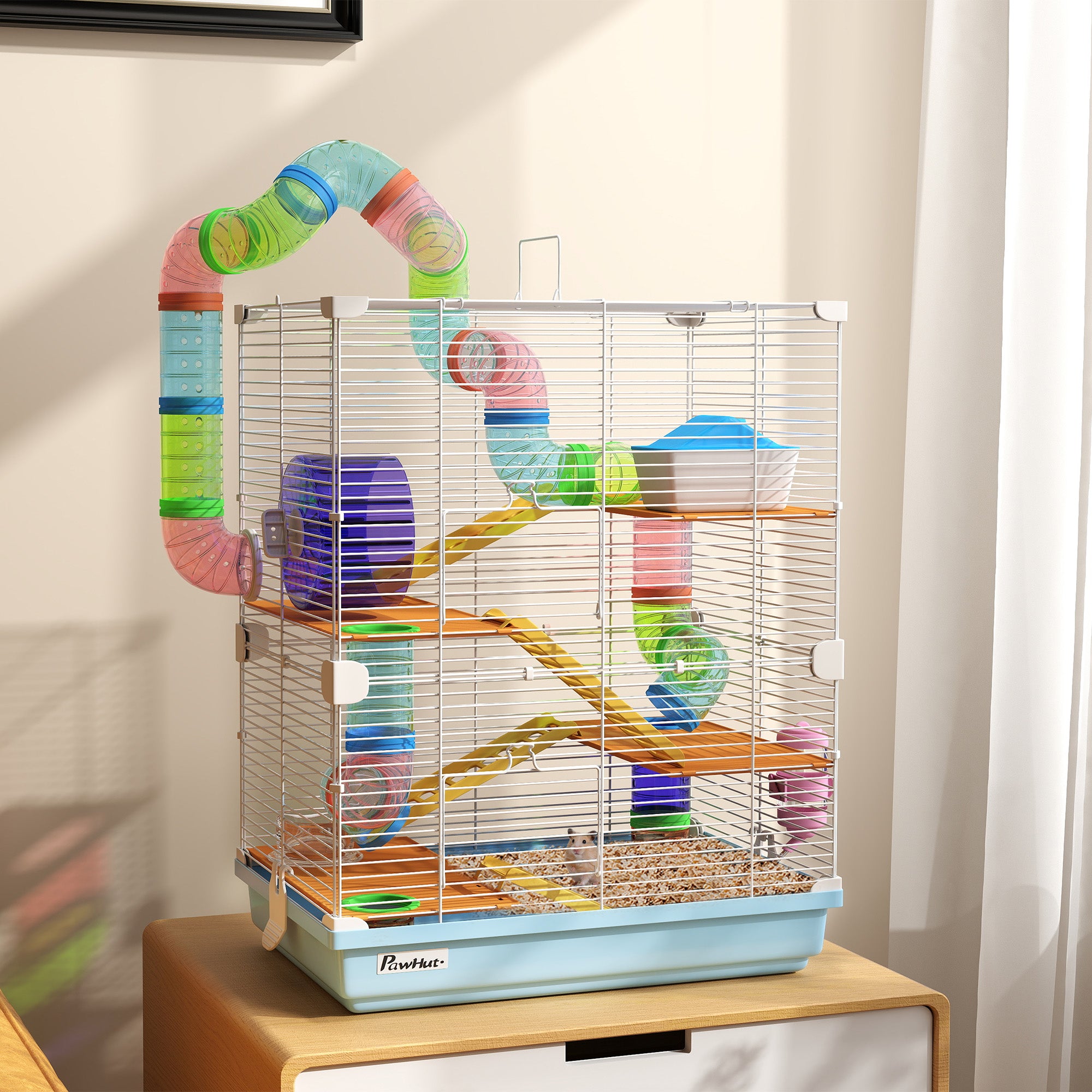 5 Tiers Hamster Cage Portable Animal Travel Carrier w/ Exercise Wheels Tube, Light Blue - Light Blue - Image 2