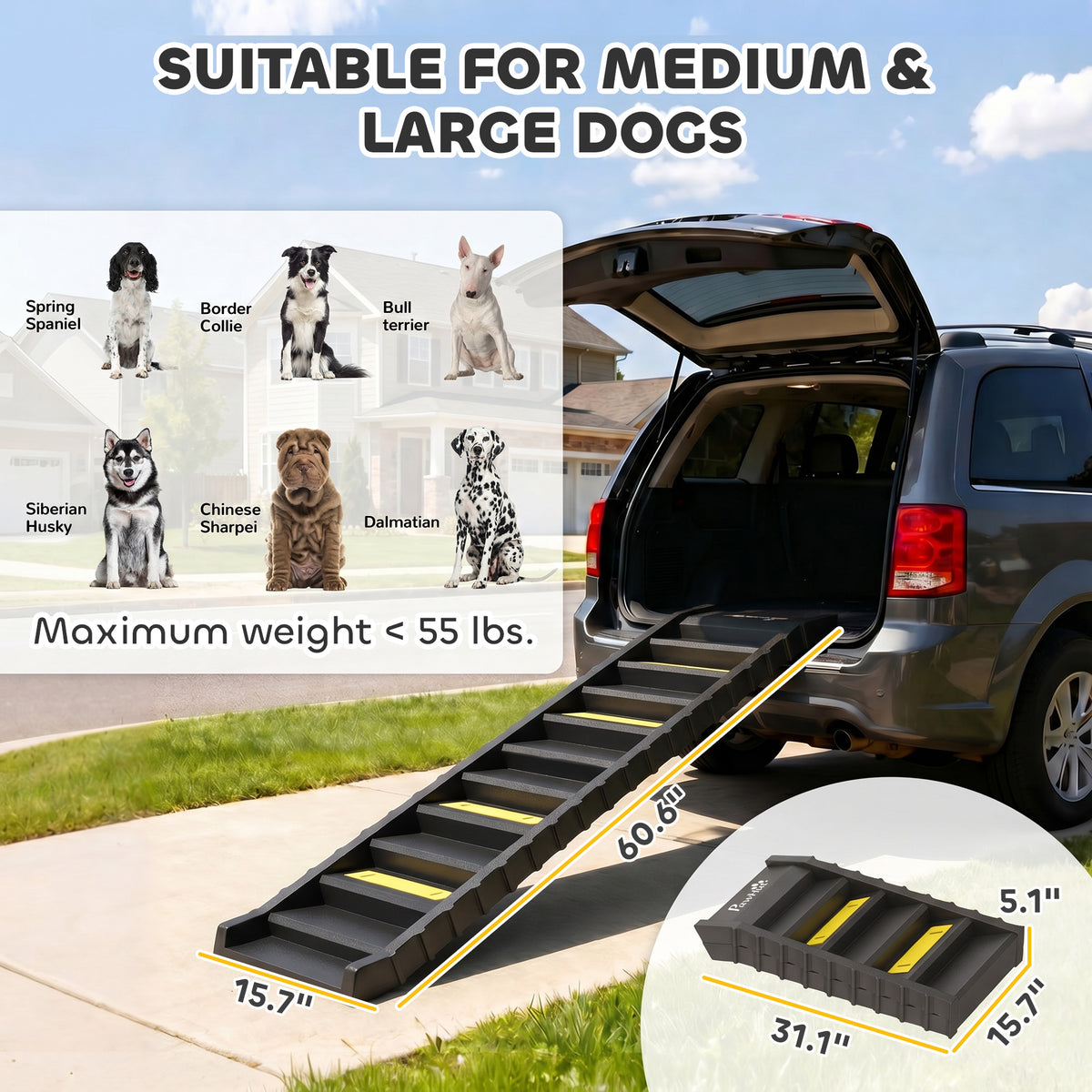 Dog Stairs for Car Truck SUV, Foldable Dog Ramp for Large Medium Small Dogs, Black