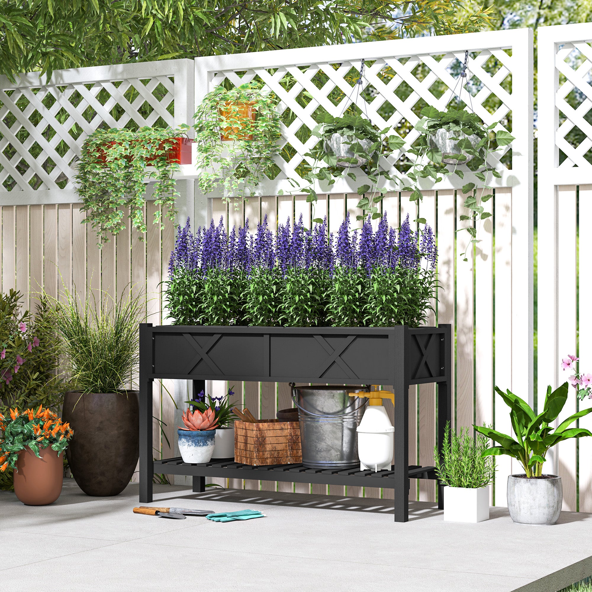 Raised Garden Bed, 47 x 22 x 31.5 in. Elevated Wood Planter Box with Storage Shelf, Drainage Holes, and Liner, Black - Black - Image 2