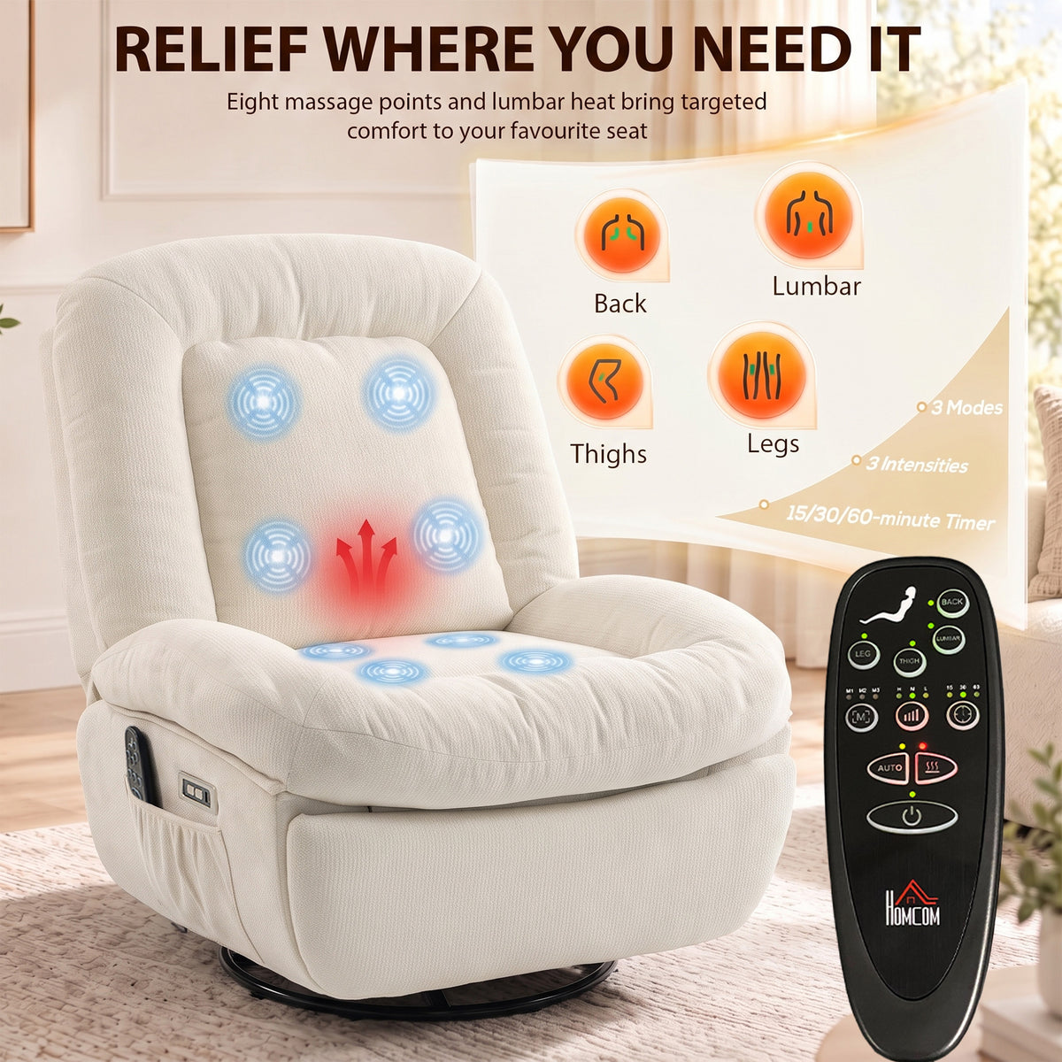 Oversized Power Recliner Chair with Massage and Heat, USB Port, Overstuffed Chenille Swivel Rocker Recliner, Cream White