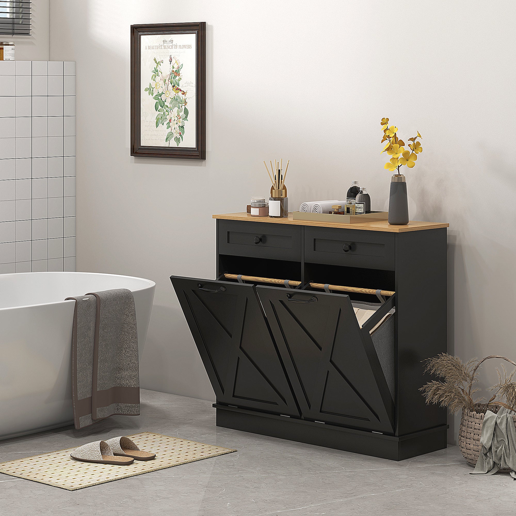 Tilt Out Laundry Hamper Cabinet, Bathroom Storage Cabinet with 2 Removable Baskets and 2 Drawers, Black