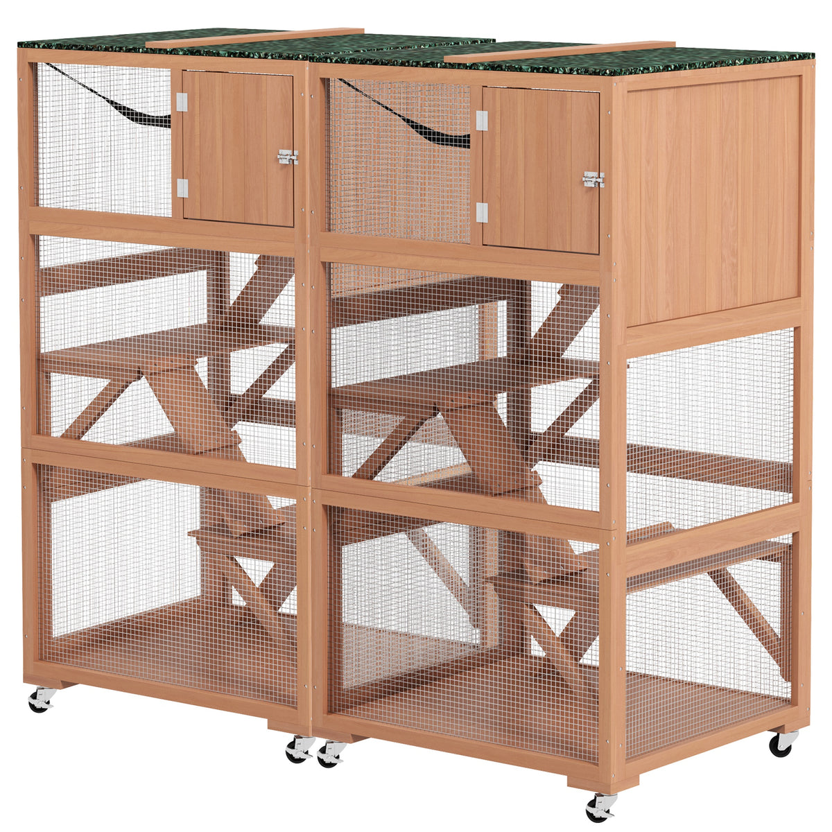 2 Piece Wooden Catio, Cat Enclosure House with Hammock, Wheels, Platforms Ramps, Weather Protection Asphalt Roof