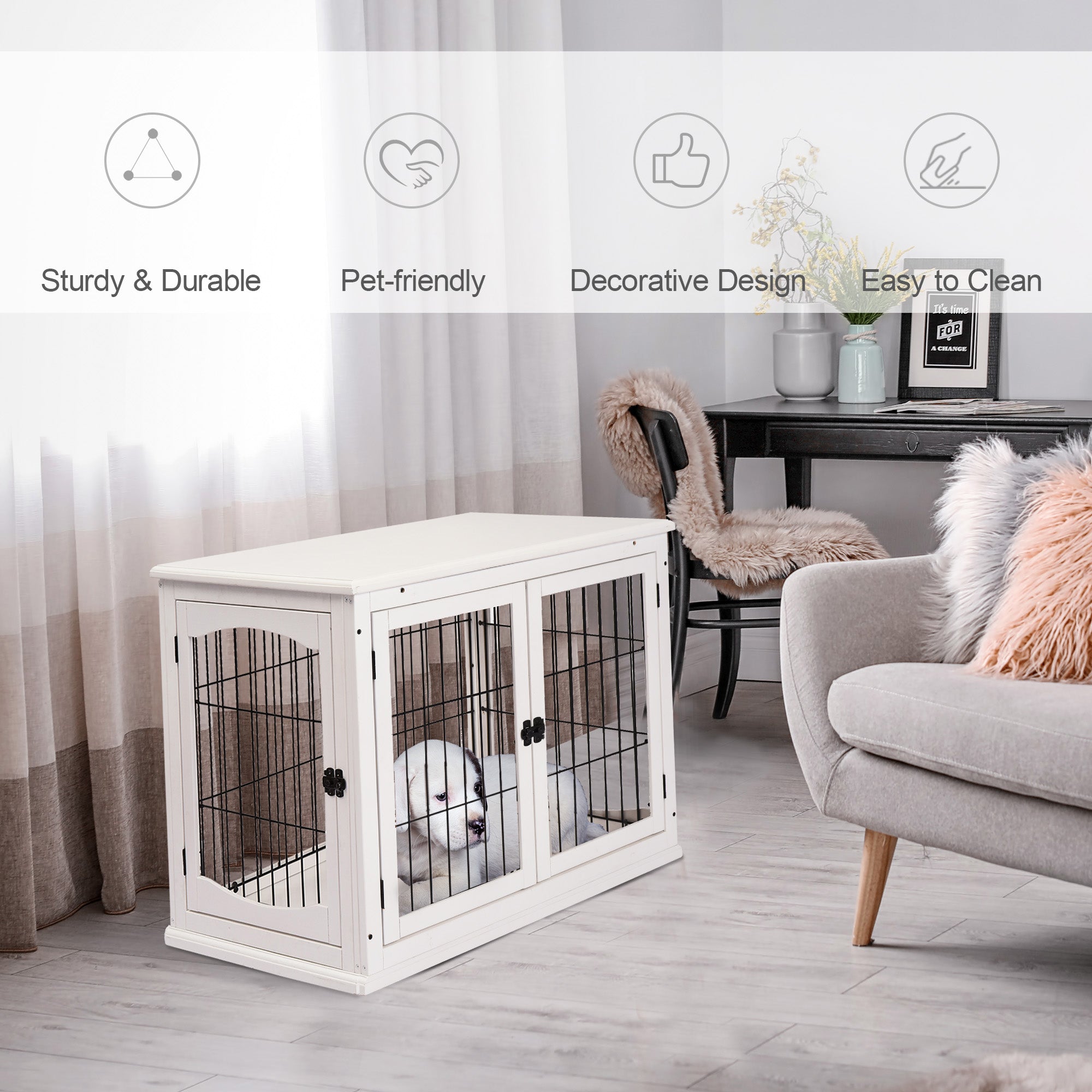 Dog Crate Furniture, 32" Small Dog Cage End Table with 2 Doors, Lockable Door, Puppy Kennel Indoor, White - White - Image 4