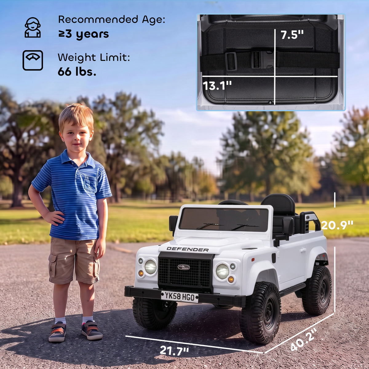 12V Electric Car for Kids 3+ Years, Licensed Land Rover Defender Toddler Ride on Car w/ Remote Control, White