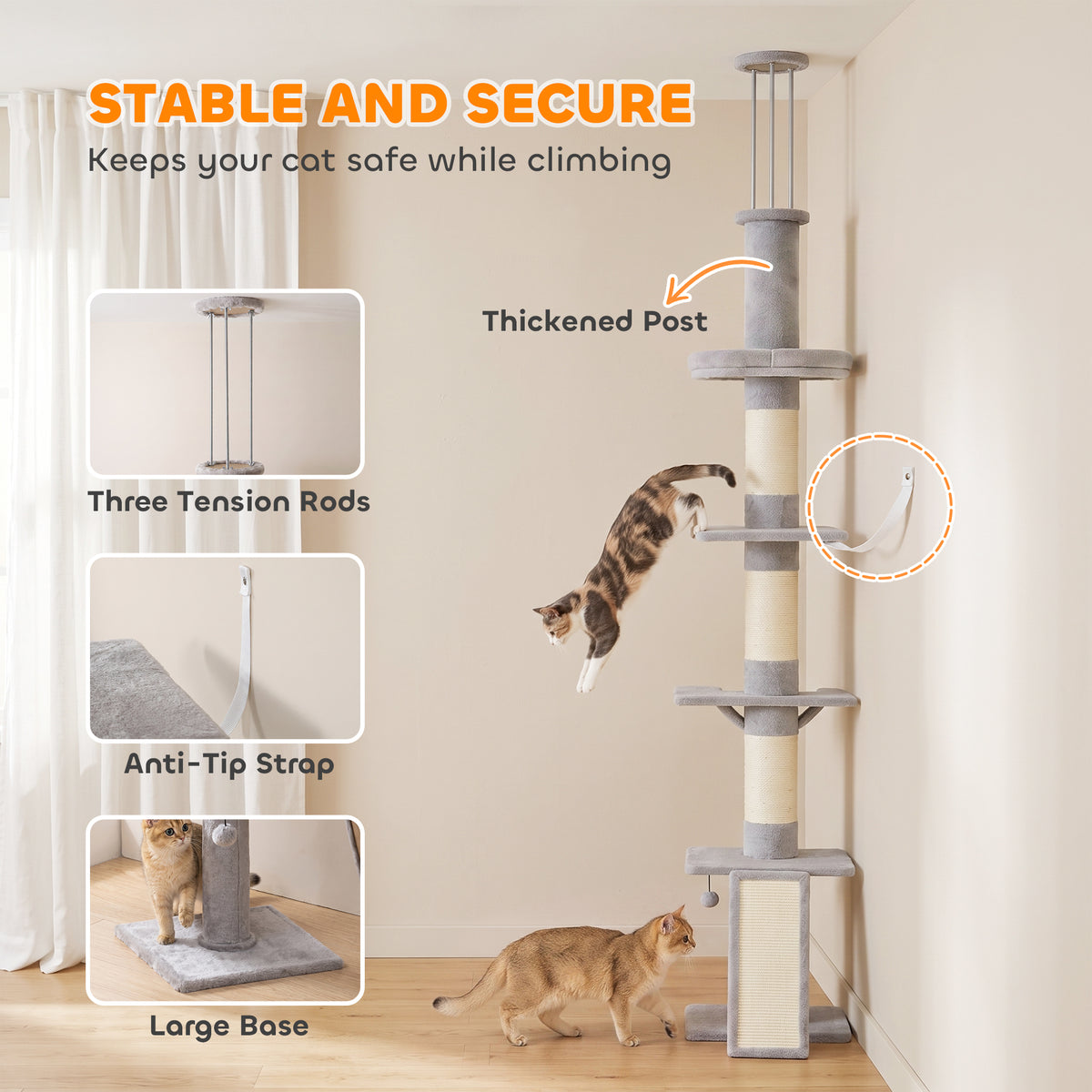 90.6" -102.4" Floor-to-Ceiling Cat Tree Adjustable Height with 3-Rod Support, 5-Level Cat Tower, Light Gray