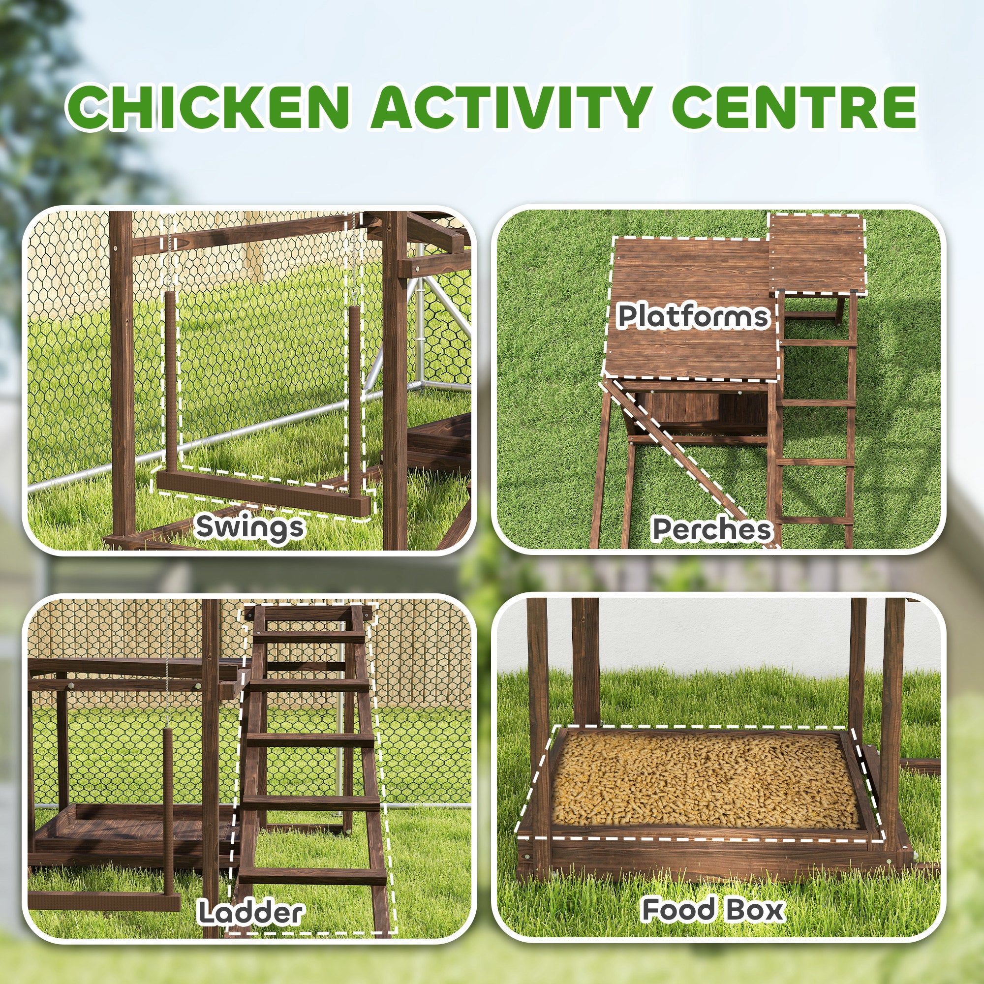 Wooden Chicken Activity Play Set with Perch, Swing, Ladder, Platforms, Feeder Storage, Coffee - Coffee - Image 4