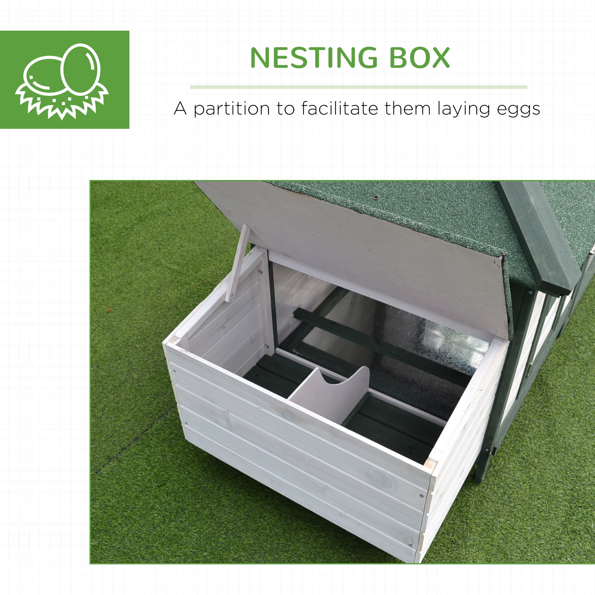 77" Wooden Chicken Coop Hen House Poultry Cage with Weatherproof Roof, Nesting Box, Enclosed Run and Removable Tray for Outdoor Backyard, Green - White - Image 6