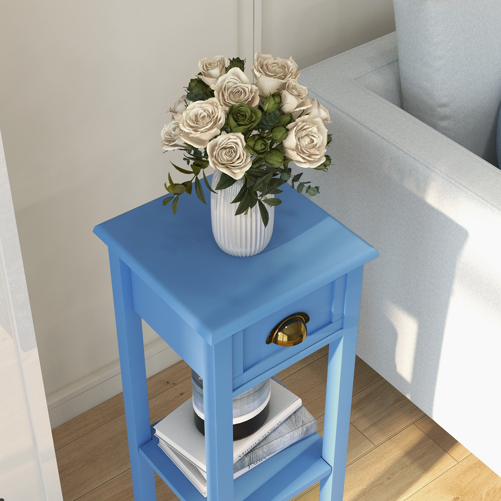 2-Tier Side Table with Drawer and Shelf, End Table for Living Room and Hallway, Light Blue