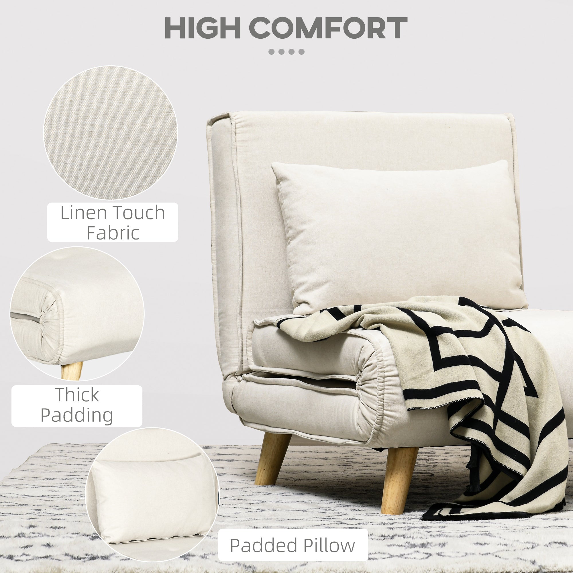 Chair Bed W/ Adjustable Backrest, 2-in-1 Multi-Functional Sofa Bed, Beige