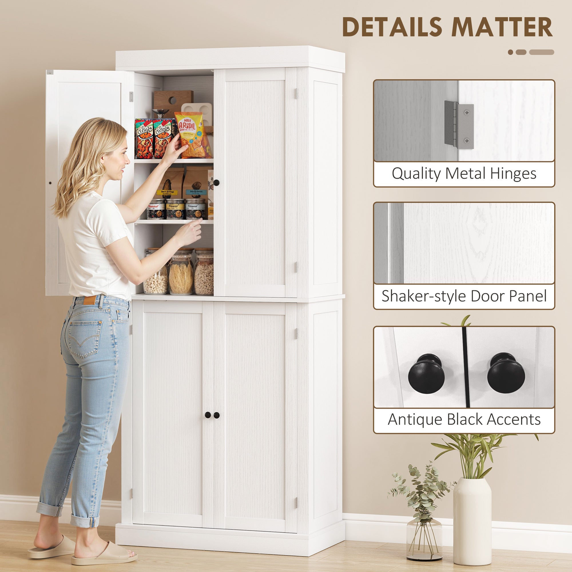 72" Kitchen Cabinet, Pantry Storage Cabinet with Doors and Shelves, Freestanding Food Pantry Cabinet, White Wood Grain