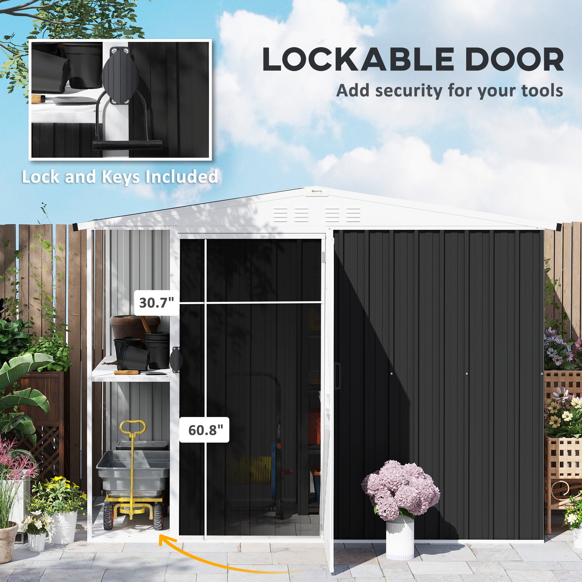 8 x 4ft Outdoor Garden Shed, Metal Shed with Air Vents and Lock for Backyard, Garden, Patio, Dark Gray - Dark Gray - Image 7