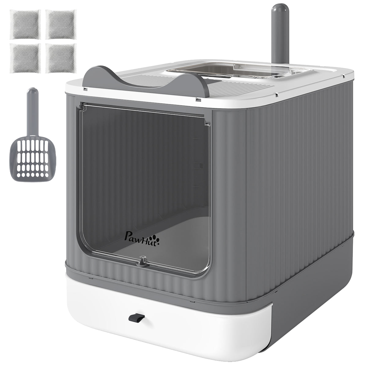 Cat Litter Box with Lid, Enclosed Litter Box for Medium Cats, Front-Entry and Top-Exit, Scoop, Deodorizer Bag, White