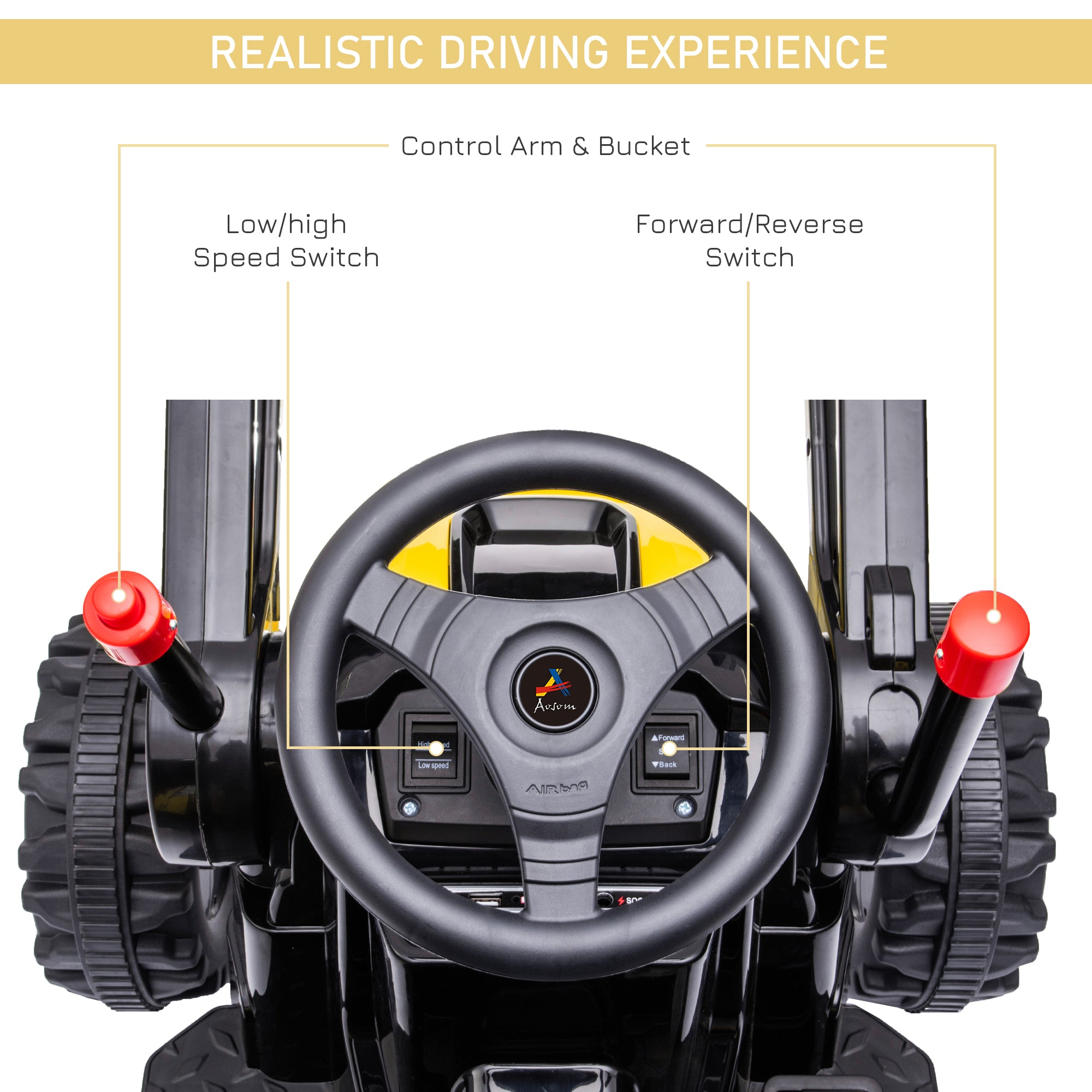 6V Kids Rechargeable Battery Powered Truck with Adjustable Bucket, High/Low Speed Realistic Sound, Yellow
