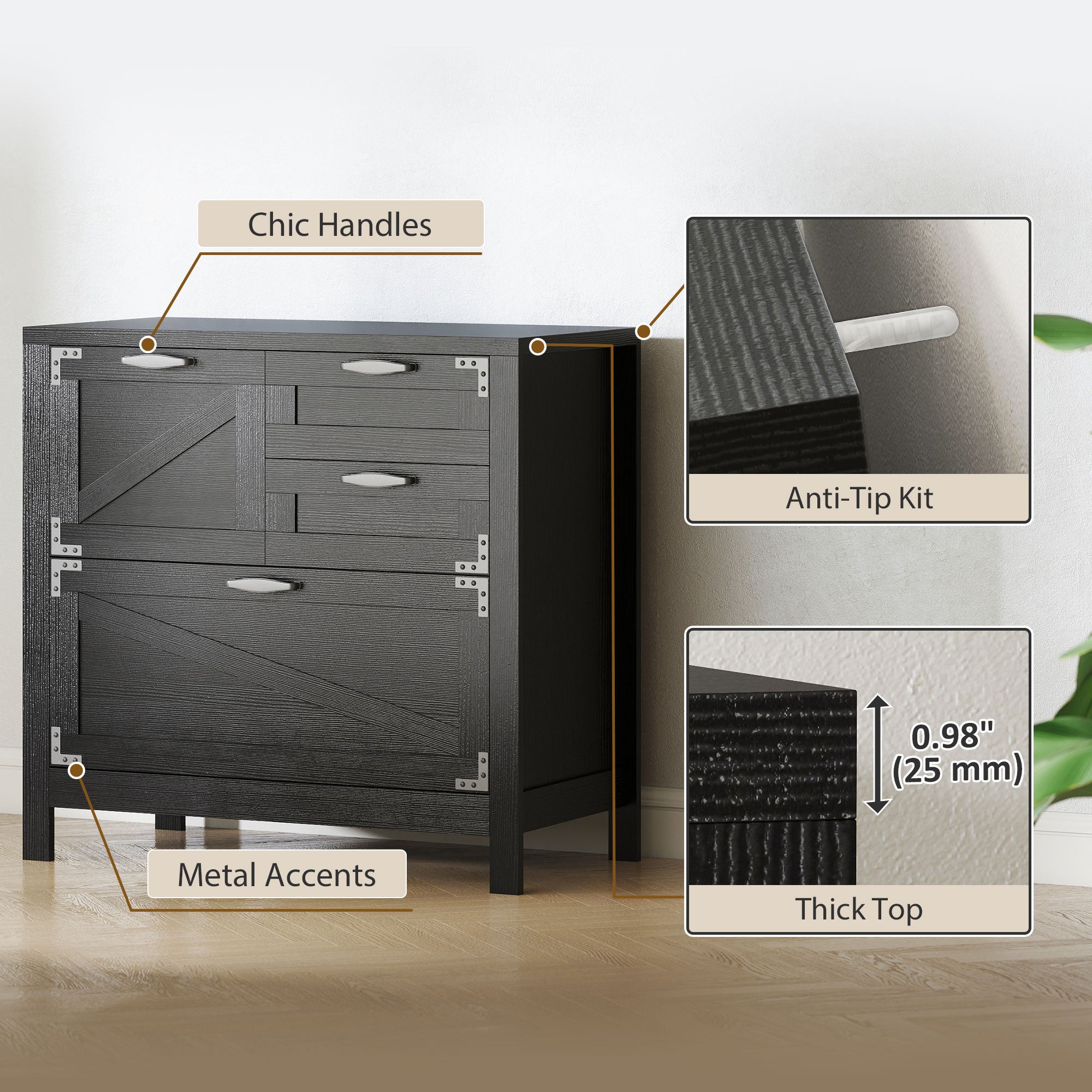 Lateral Filing Cabinet, Farmhouse File Cabinet with 4 Drawers, Fit Letter/A4/Legal Hanging Files, Black