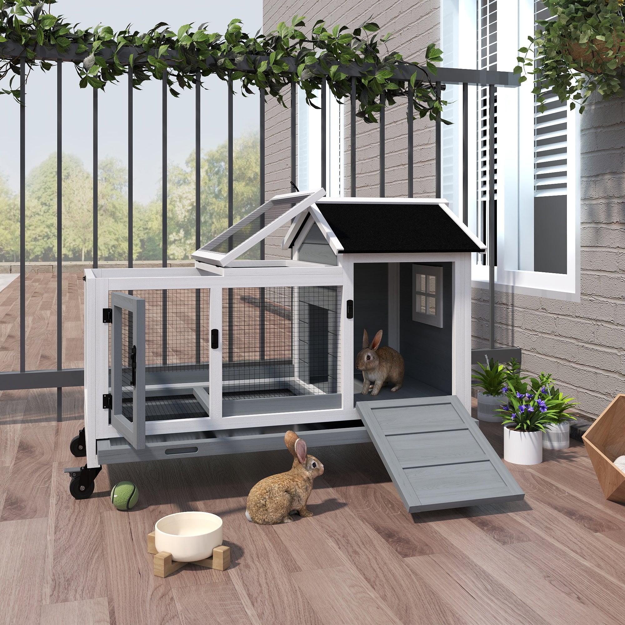 Wooden Rabbit Hutch with Wheels, Run, Slide-out Tray for Small Animals, Guinea Pig, Blue - Gray - Image 2