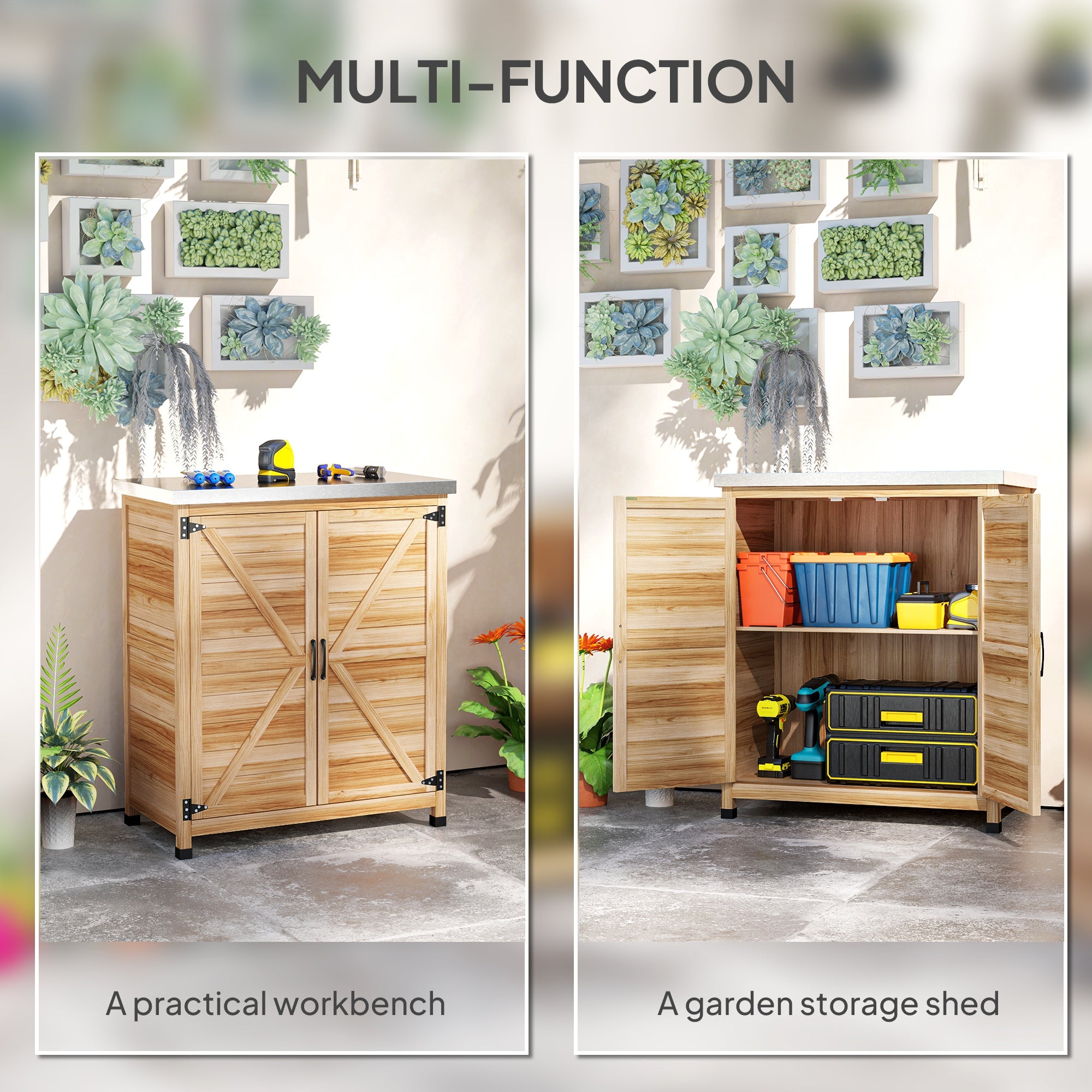 Wooden Storage Cabinet, Outdoor Prep Table w/ Metal Tabletop, Shelves and Double Doors for Patio, Garden, Natural Wood - Natural Wood - Image 4