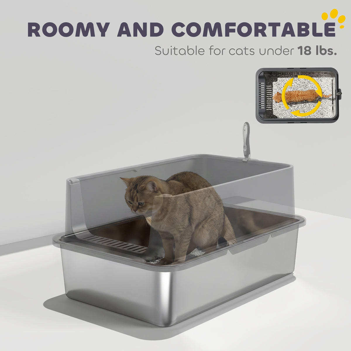 Extra Large Stainless Steel Cat Litter Box with Scoop & Pad, Anti-Urine Leakage, Easy Cleaning, Non-Sticky