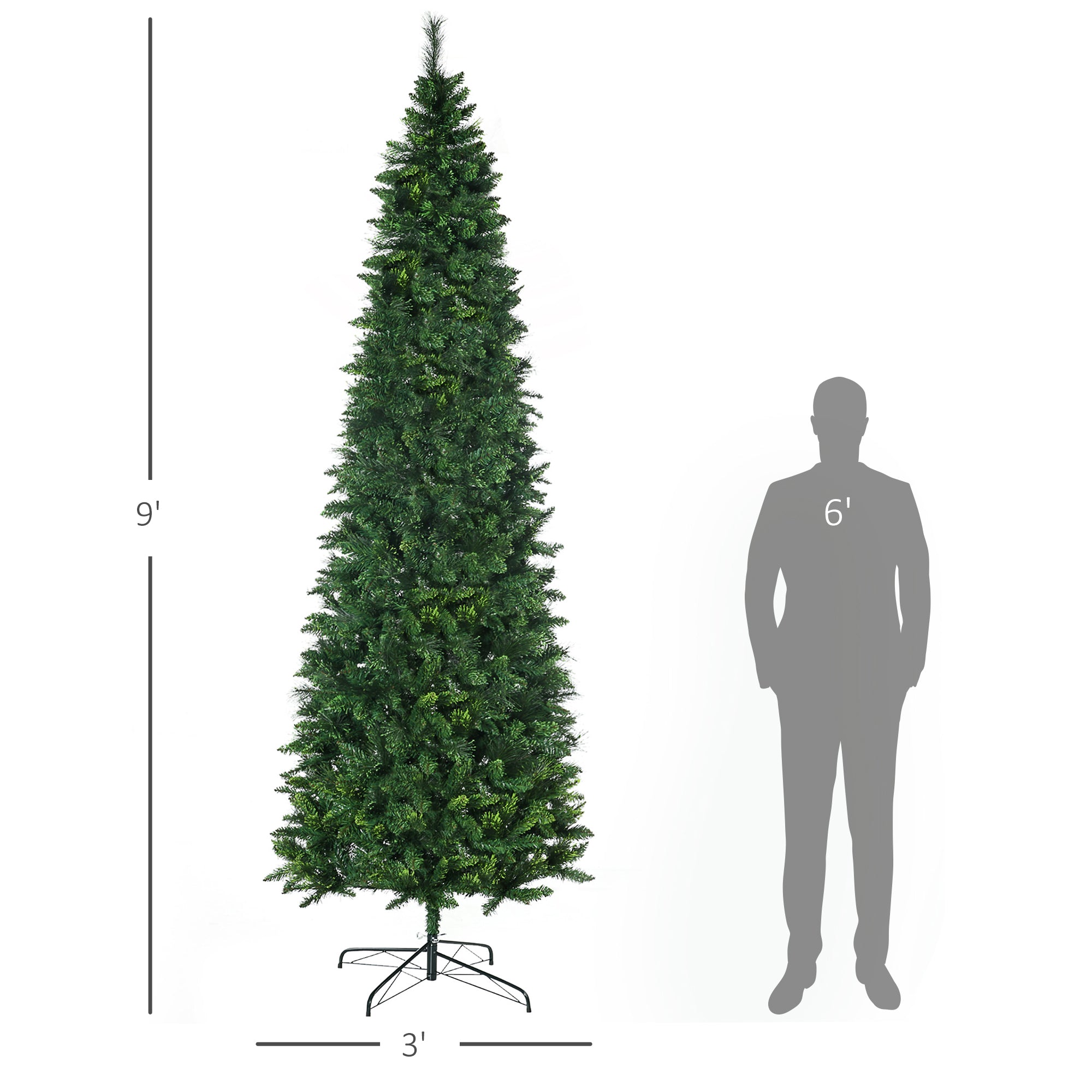 9' Artificial Pencil Christmas Trees, with Auto Open, Steel Base, Pine Needles, for Home Xmas Decoration
