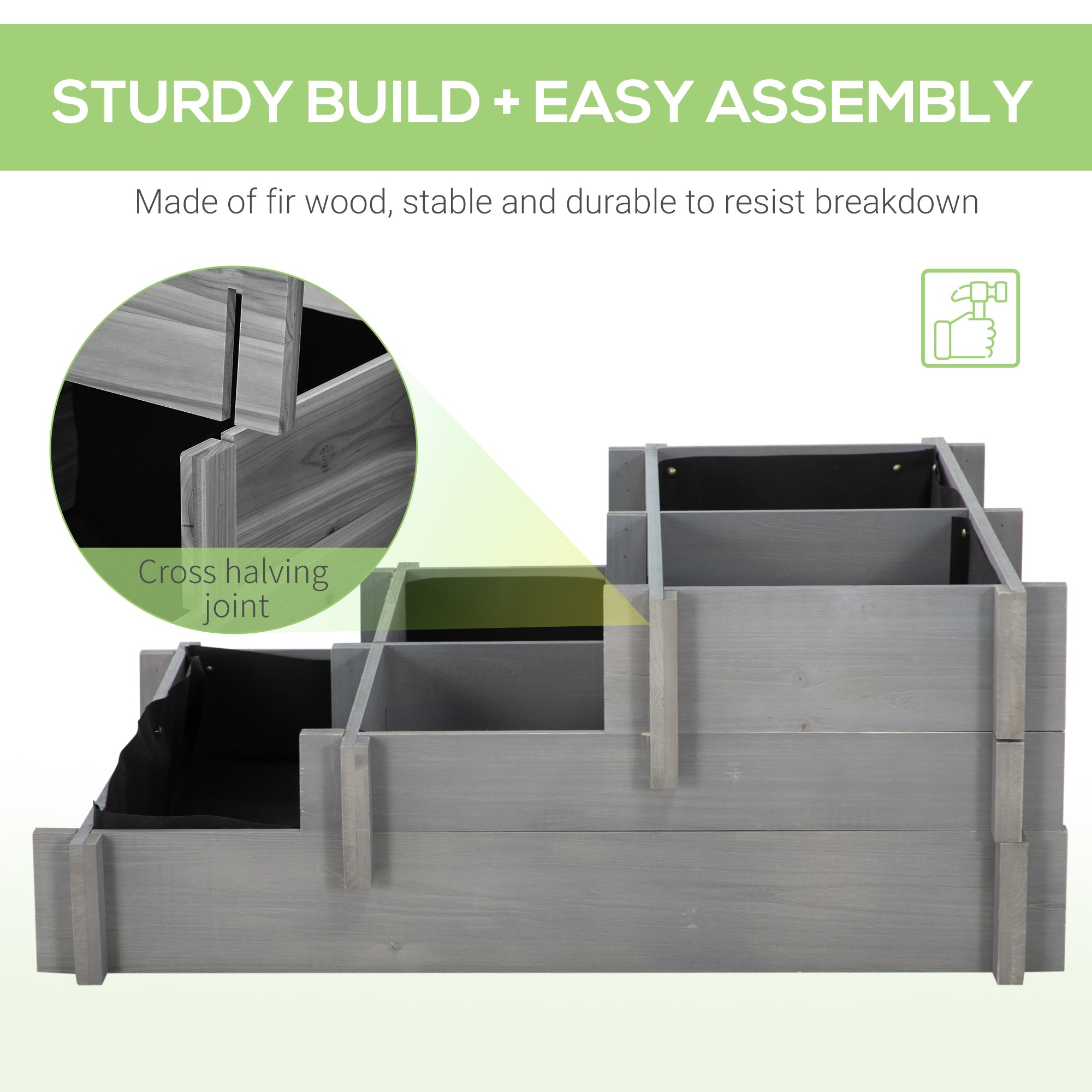 3 Tier Raised Garden Bed, Water Draining Fabric for Soil, Elevated Wood Flower Box for Vegetables, Herbs, Gray - Gray - Image 6