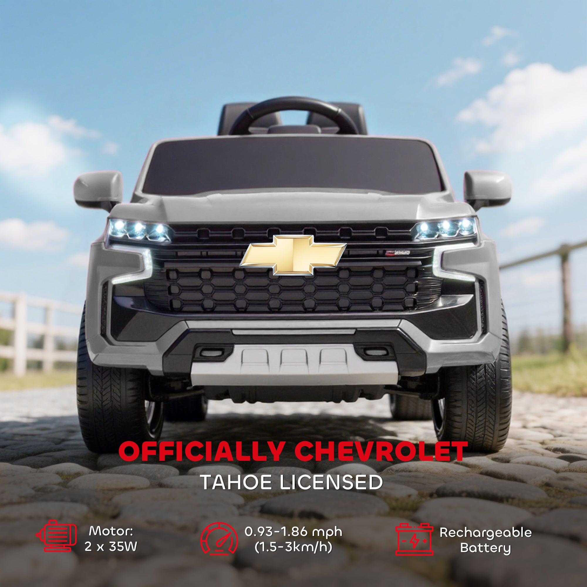 Licensed Chevrolet Tahoe Ride On Car, 12V 7AH Battery Power Ride On Toy with Parent Remote Control, LED Lights, Music, 4 Wheeler Suspension, 3 Speeds, Kids Electric Vehicle for Aged 3+, Gray