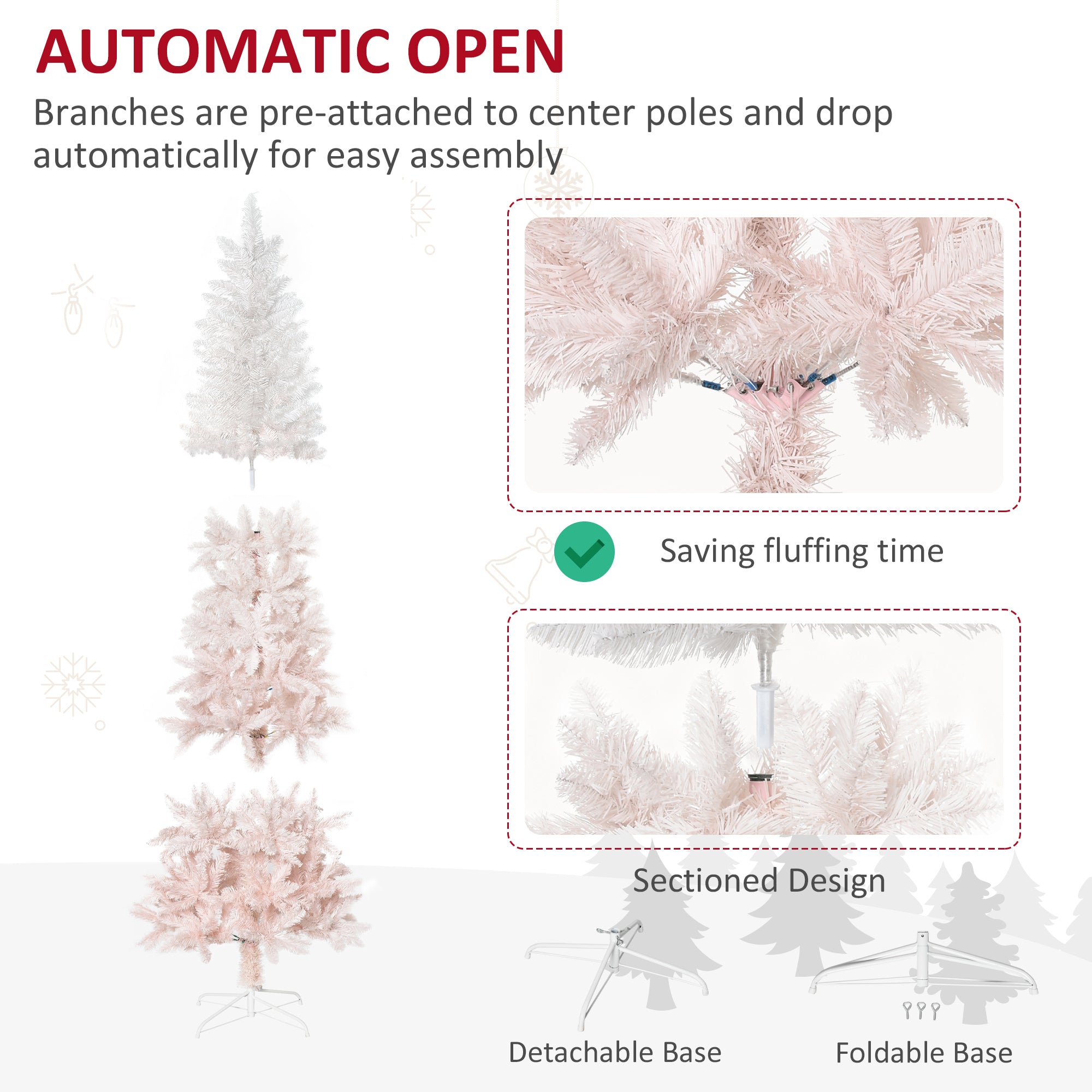 7' Tall Unlit Pencil Fir Artificial Christmas Tree with Realistic Branches and Steel Base, Pink and White