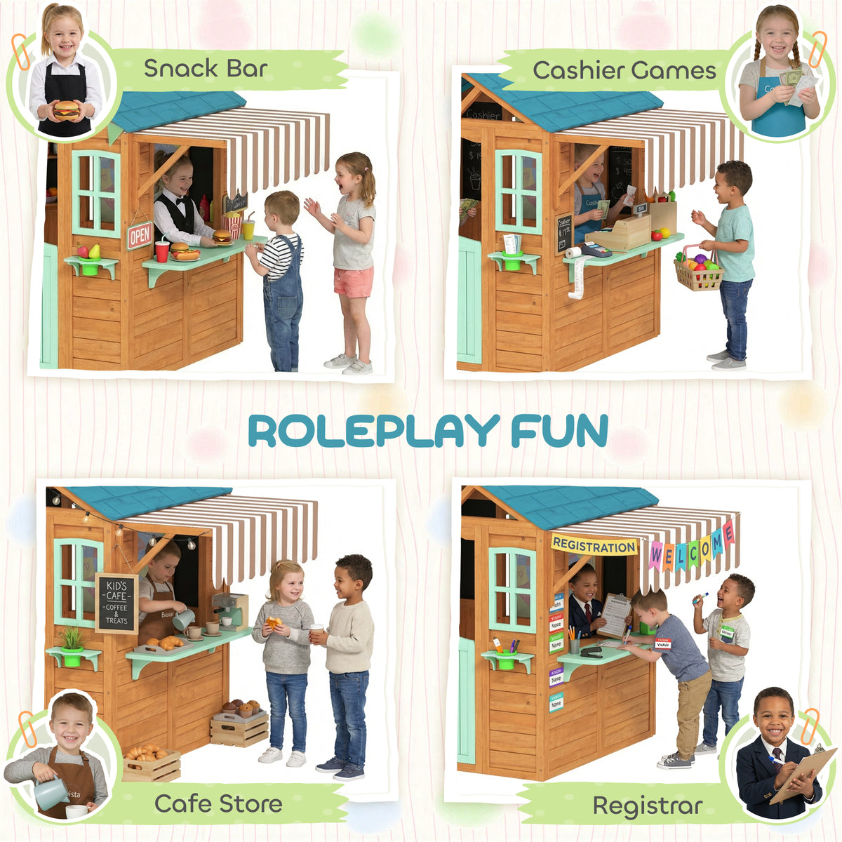 Outdoor Playhouse with Snack Bar, Half Door, Windows, Flowerpot Holders, Chalkboard, Tossing Game