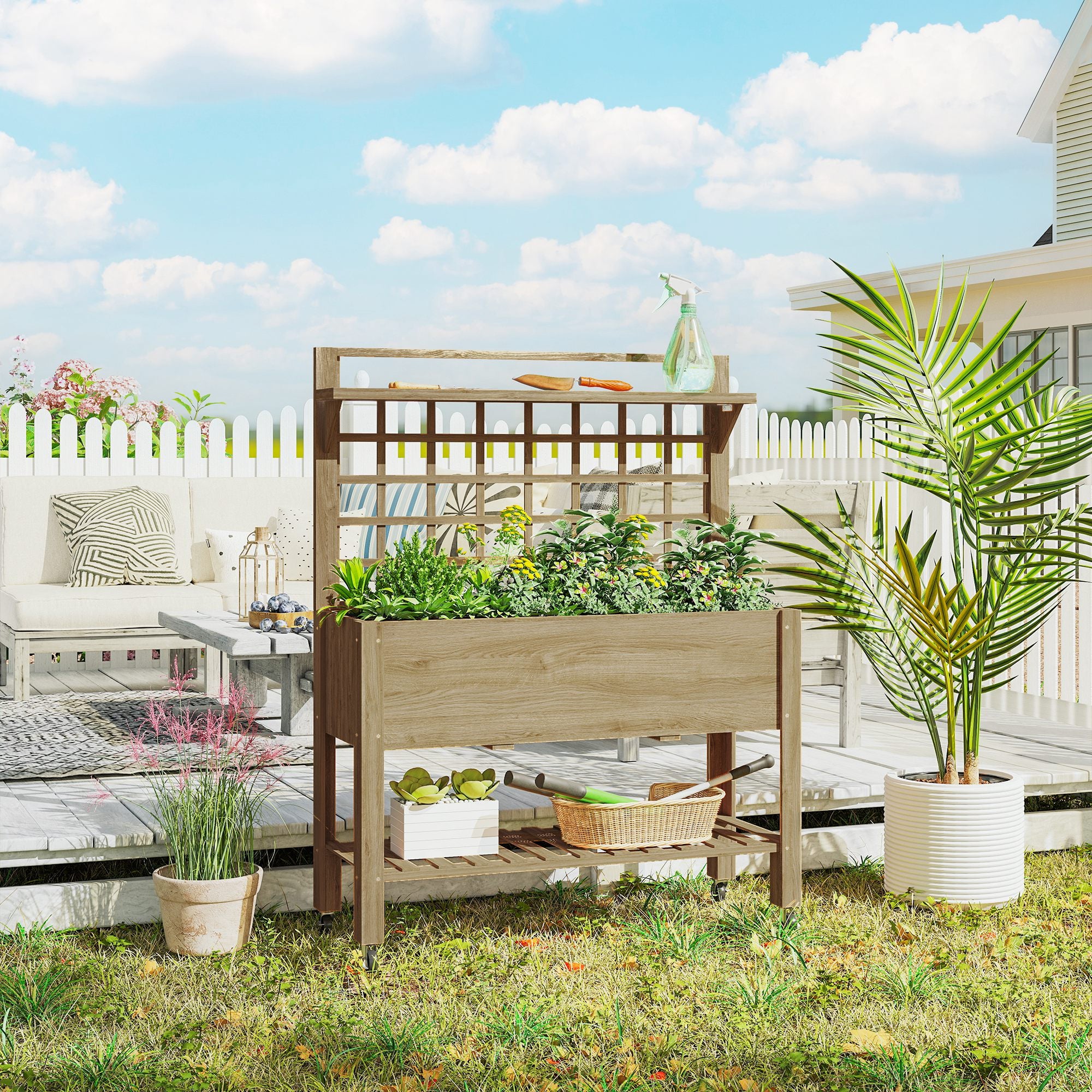 41" Raised Garden Bed Mobile Elevated Wooden Planter Box Stand with Wheels, Trellis and Storage Shelf, Dark Brown - Coffee - Image 8
