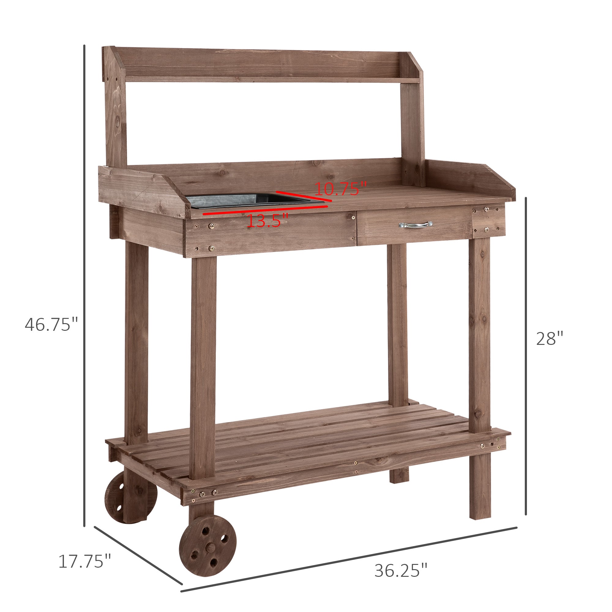 36" Wooden Potting Bench Work Table with 2 Removable Wheels, Garden Workstation with Removable Sink, Drawer & Large Storage Spaces, Brown - Brown - Image 3