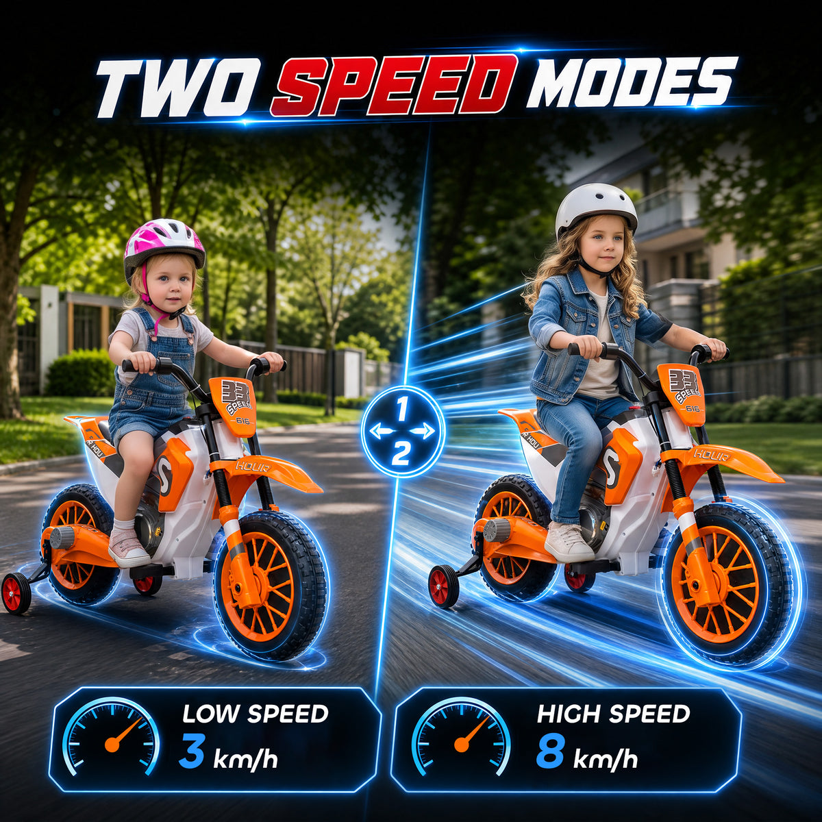 12V Kids Motorcycle with Dual Motors, Training Wheels, Rear Suspension, Soft Start, Max Speed 5 MPH, Ages 3-6, Orange