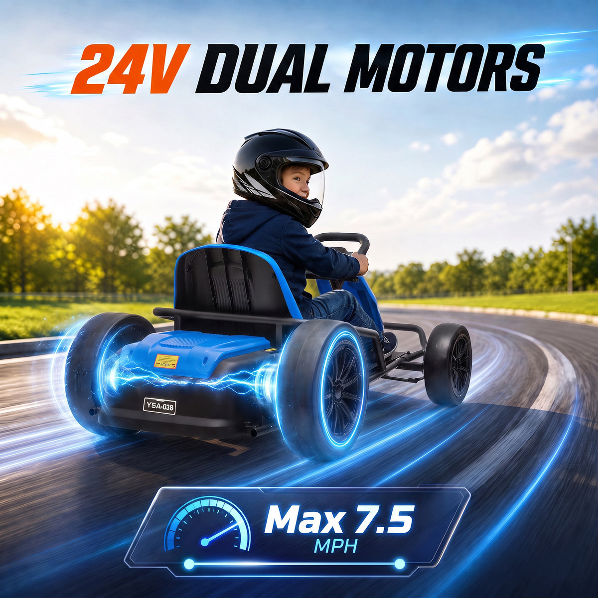 24V Electric Drift Go Kart for Kids with Dual Motors, Soft Start, PU Wheels, 7.5MPH High Speed, for Ages 6+, Blue