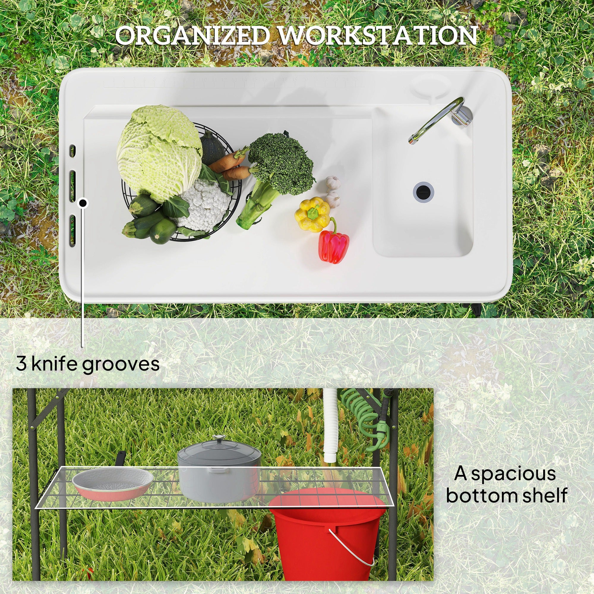 Folding Fish Cleaning Table with Sink, Portable Camping Table with Faucet, Drainage Hose, Sprayer and Shelf, White