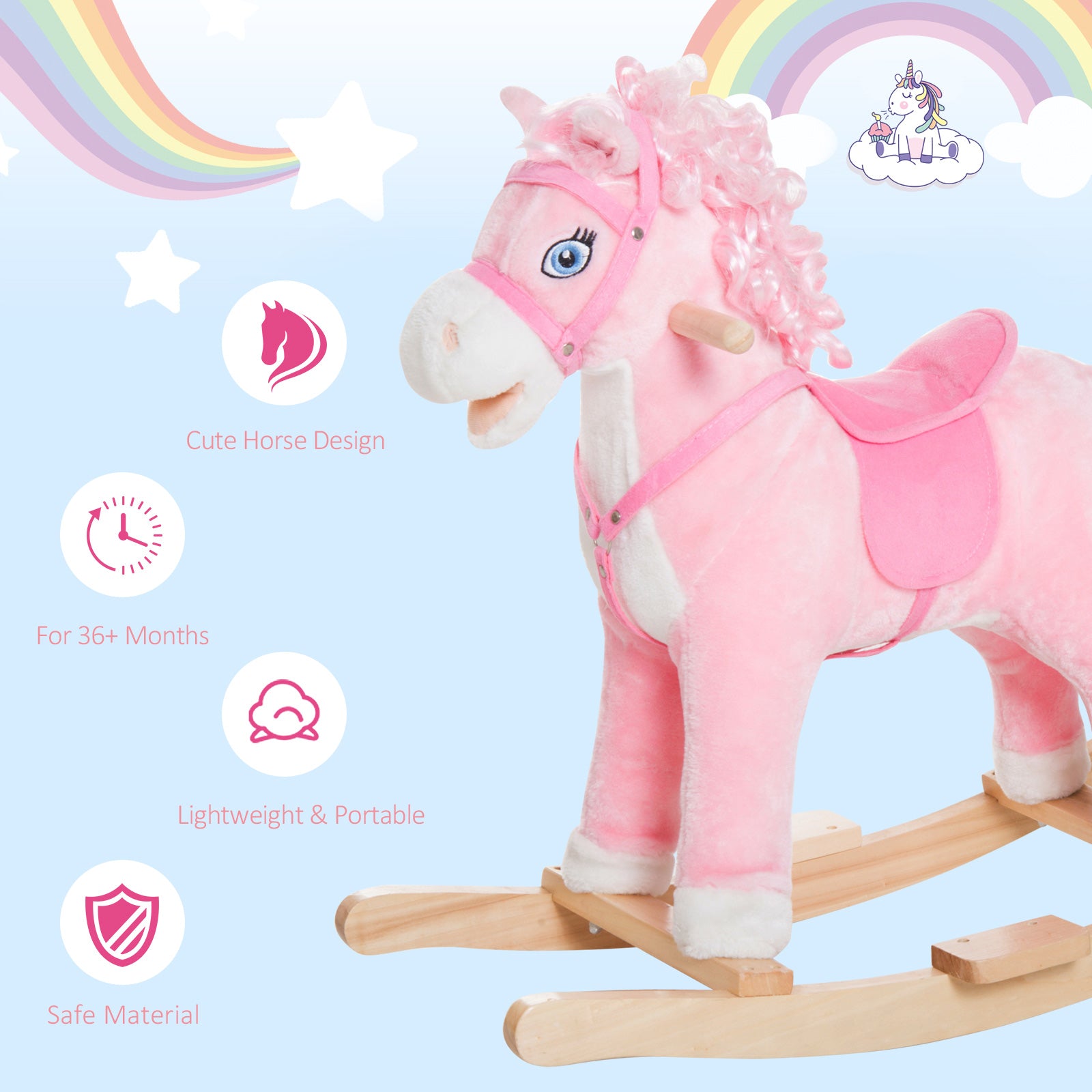 Kids Ride on Rocking Horse Toddler Plush Toy with Realistic Sounds and Swinging Tail for 3 Years Old Children