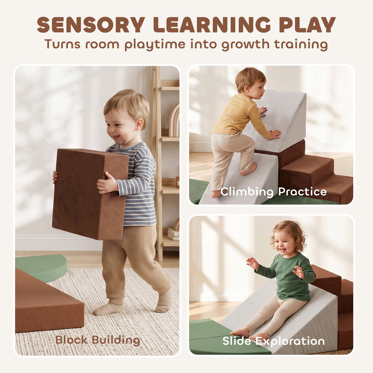 Foam Climbing Blocks, 8PCS Climbing Toys, Velvet Fabric, Foam, Non-Slip, Kids Soft Play Set for Crawling, Ages 1+, Brown