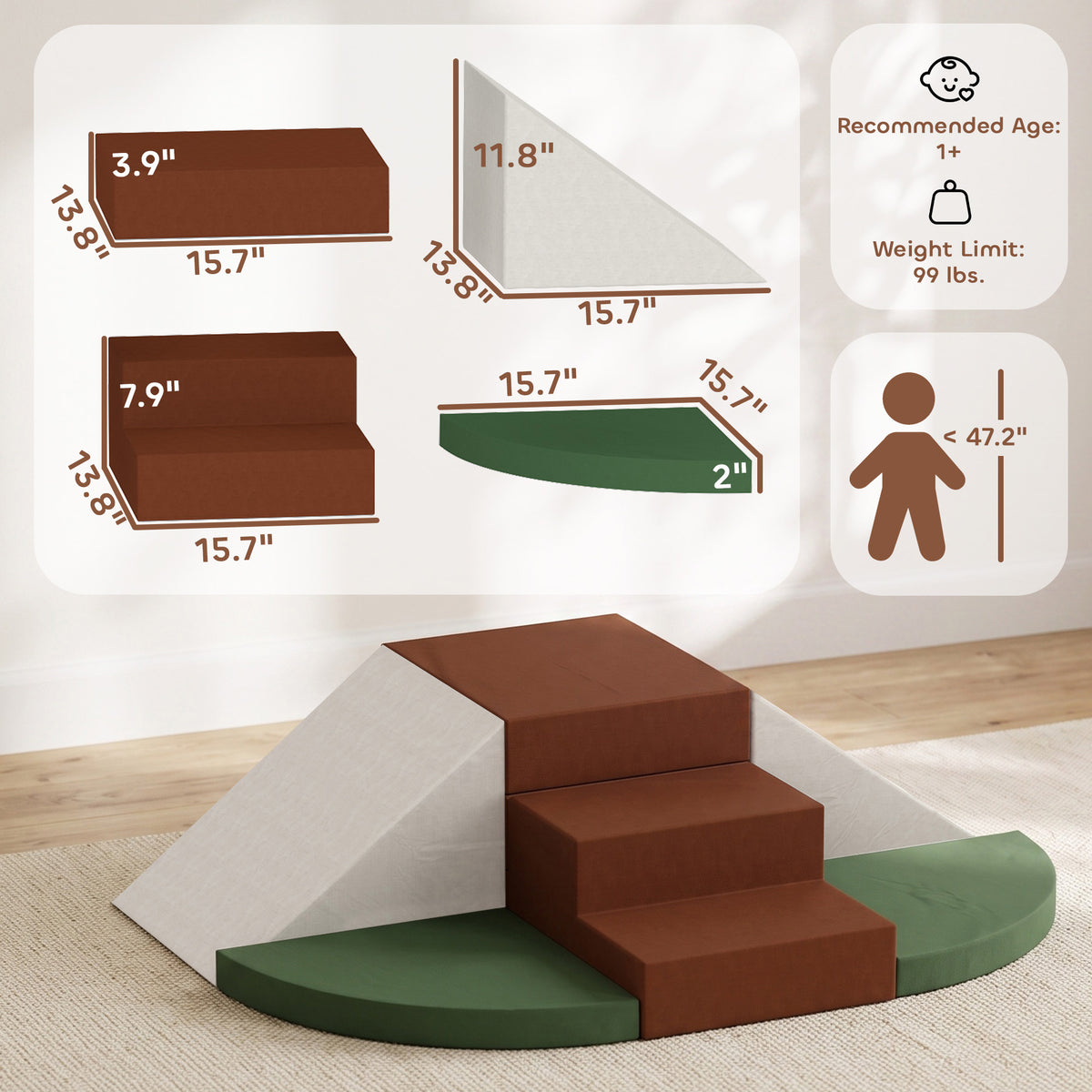 Foam Climbing Blocks, 8PCS Climbing Toys, Velvet Fabric, Foam, Non-Slip, Kids Soft Play Set for Crawling, Ages 1+, Brown