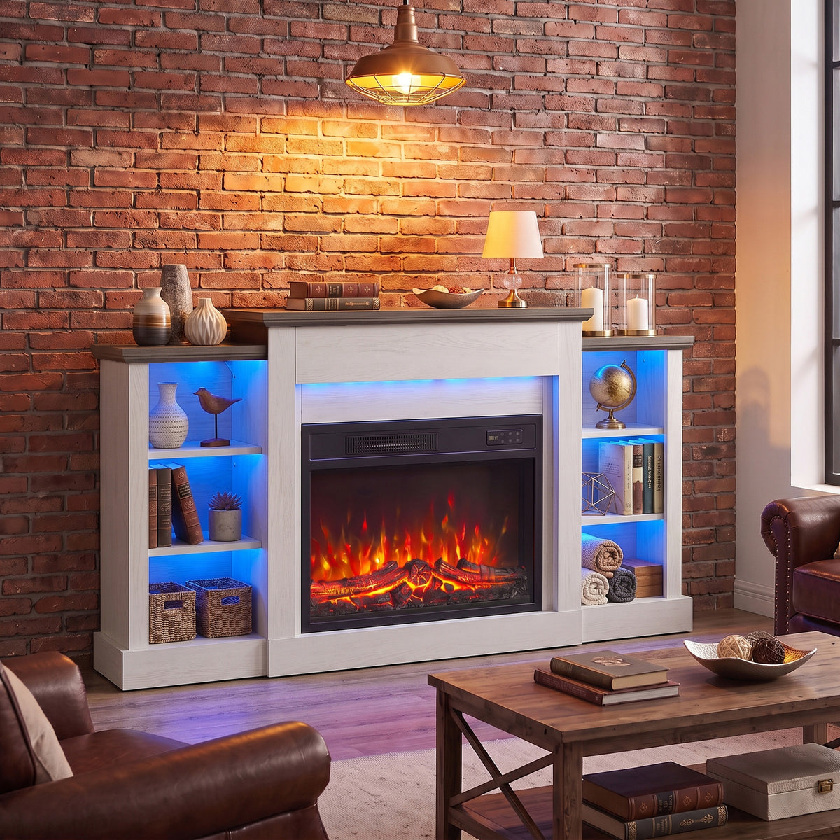 55" Fireplace TV Stand for TVs up to 65", Entertainment Center TV Console, RGB LED Strips, 6 Shelves, White Wood Grain