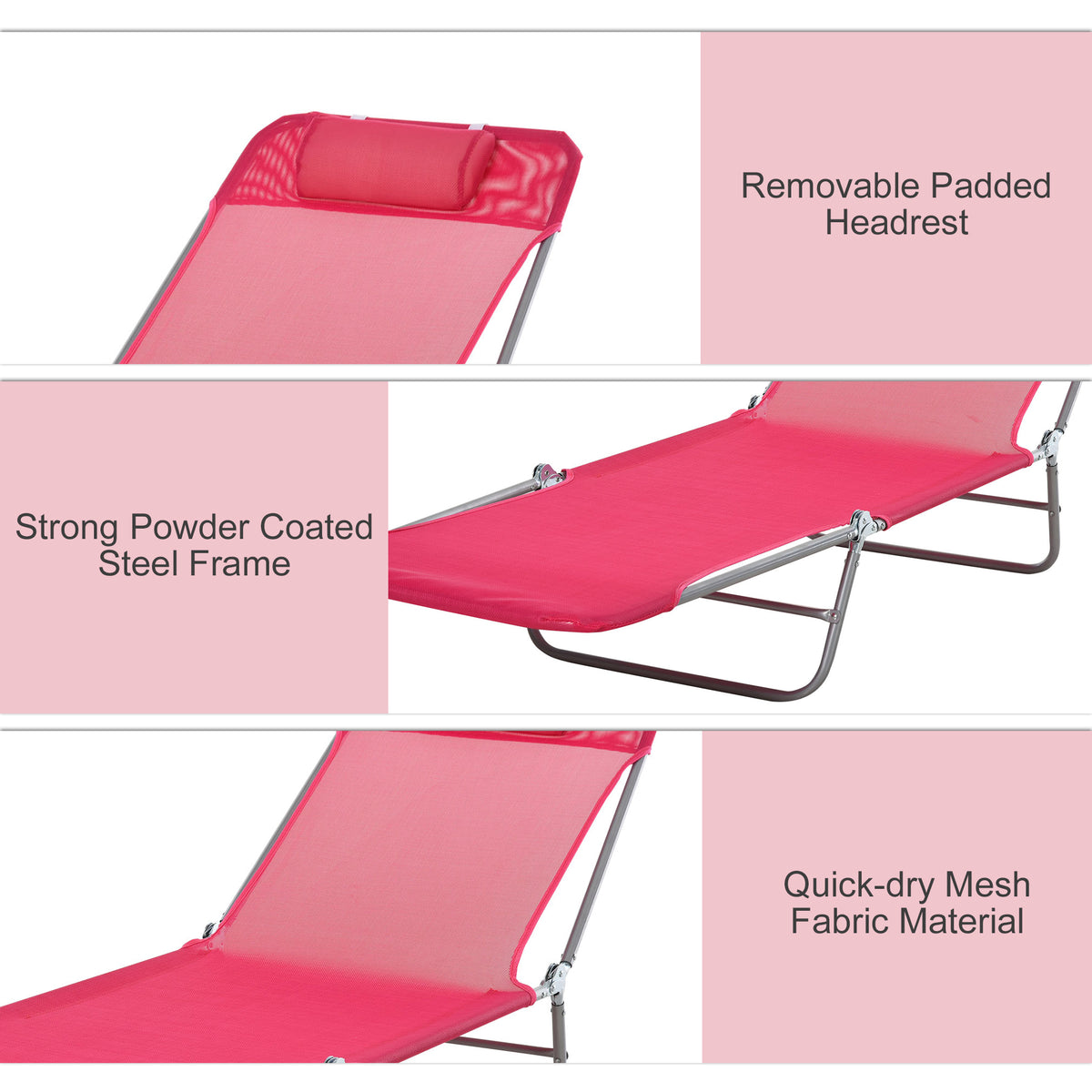 Folding Chaise Lounge Chair, Pool Sun Tanning Chair, Outdoor Lounge Chair with Reclining Back, Breathable Mesh Seat, Headrest for Beach, Yard, Patio, Pink