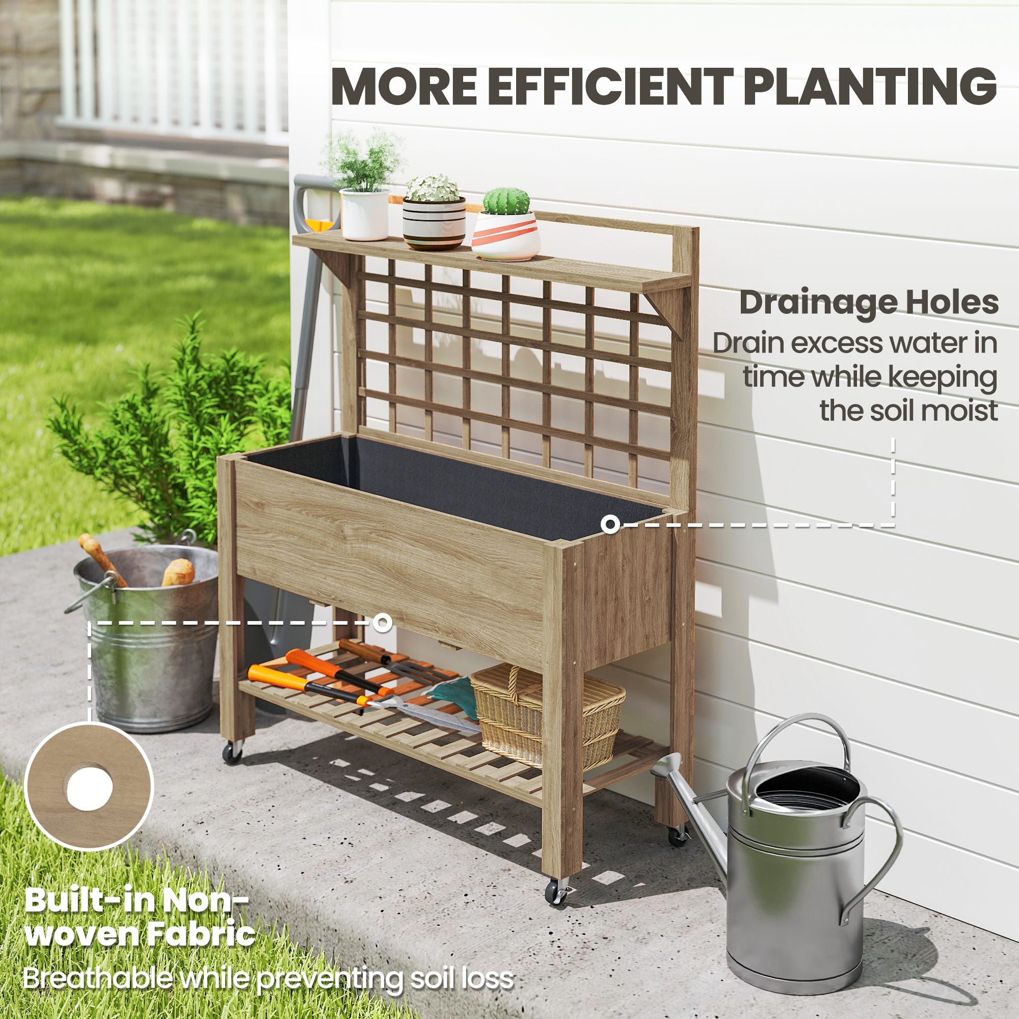 41" Raised Garden Bed Mobile Elevated Wooden Planter Box Stand with Wheels, Trellis and Storage Shelf, Dark Brown - Coffee - Image 5
