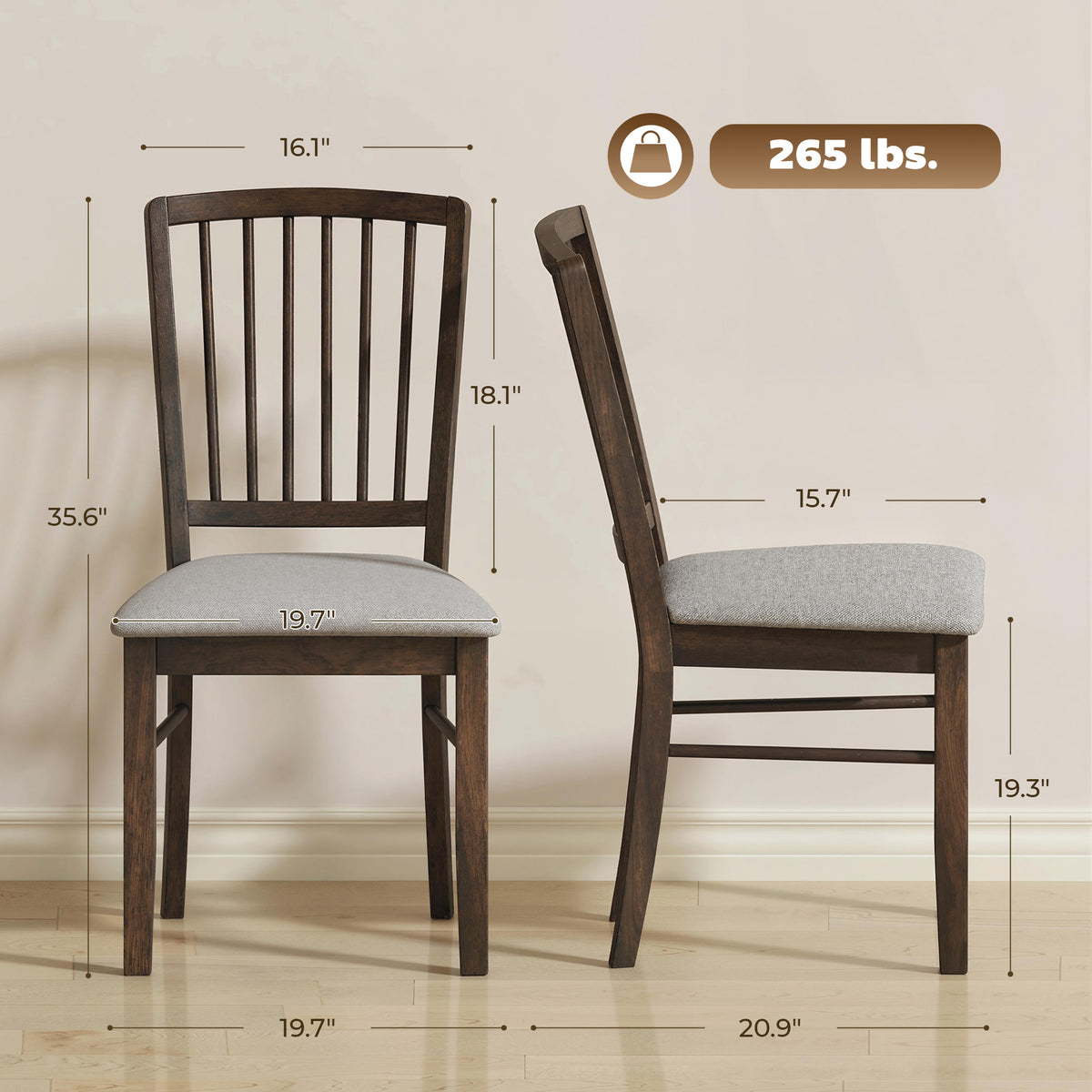 Dining Chairs Upholstered Kitchen Chairs with Rubberwood Legs Set of 2, Burn Brown