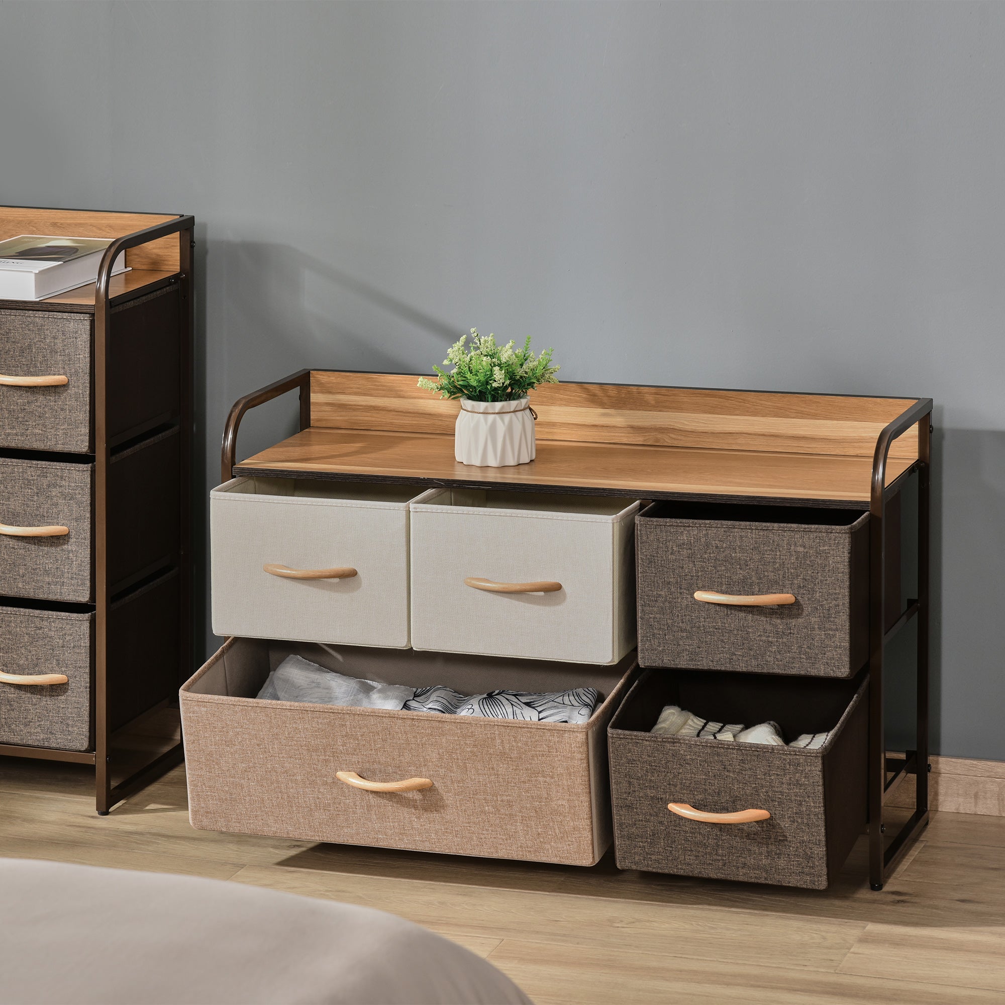 5-Drawer Dresser, 2-Tier Storage Tower with Steel Frame for Bedroom, Nursery Room, Multicolored